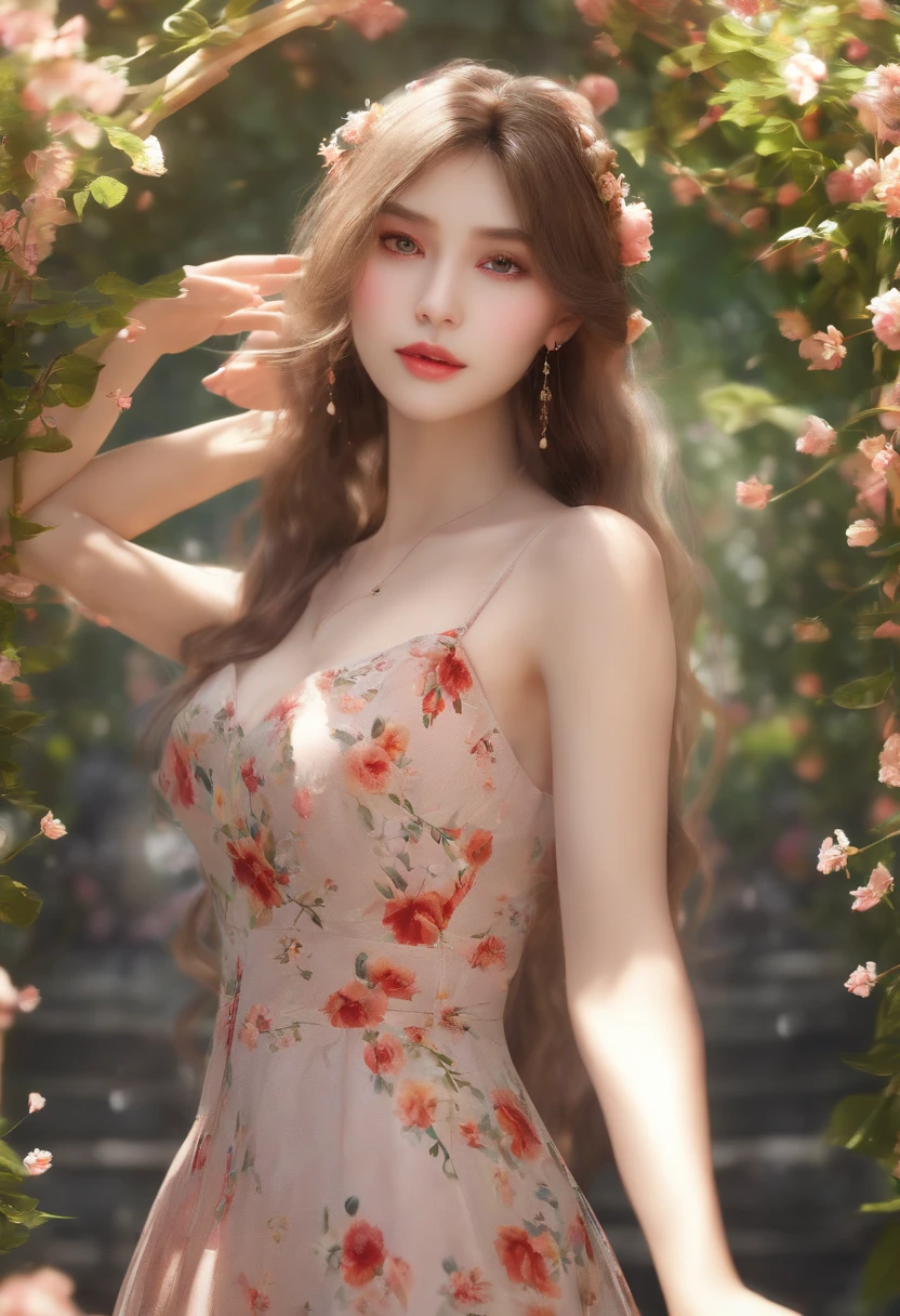((Best Quality, 8K, Masterpiece: 1.3)), 1girl, Slender Beauty: 1.3, (Long hair: 1.2), Floral dress, Long legs: 1.1, Super fine face, Fine eyes, Double eyelids, Outdoor