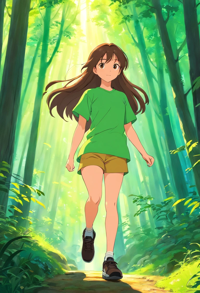 portal, Girl with long hair, woods, rays of sunshine, Girl in a green shirt, Spun Pants, Black sneakers, brown eye, Long hair