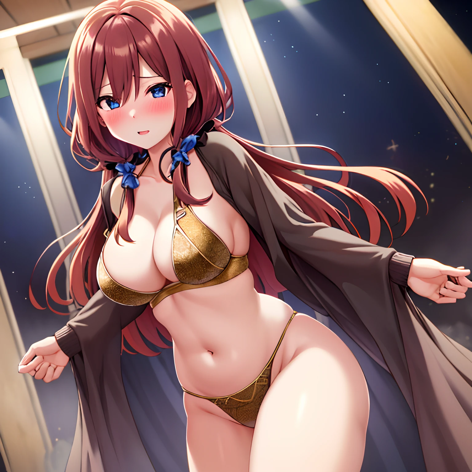 hiquality,NSFW , Multiple guys around, R-18,1girl in, 独奏, beautidful eyes, nakano miku, brown haired, (barechested:1.3), (Wearing a belly dancer cstume),,Clothes are sheer, Female genitals, cleavage of the breast,tits out , teats, large full breasts, thighs thighs thighs thighs, a bar counter, (red blush:1.3),Dancing, flank, There are multiple guys around, perspiring, Breast milk out of the, Breasts overflow from clothes