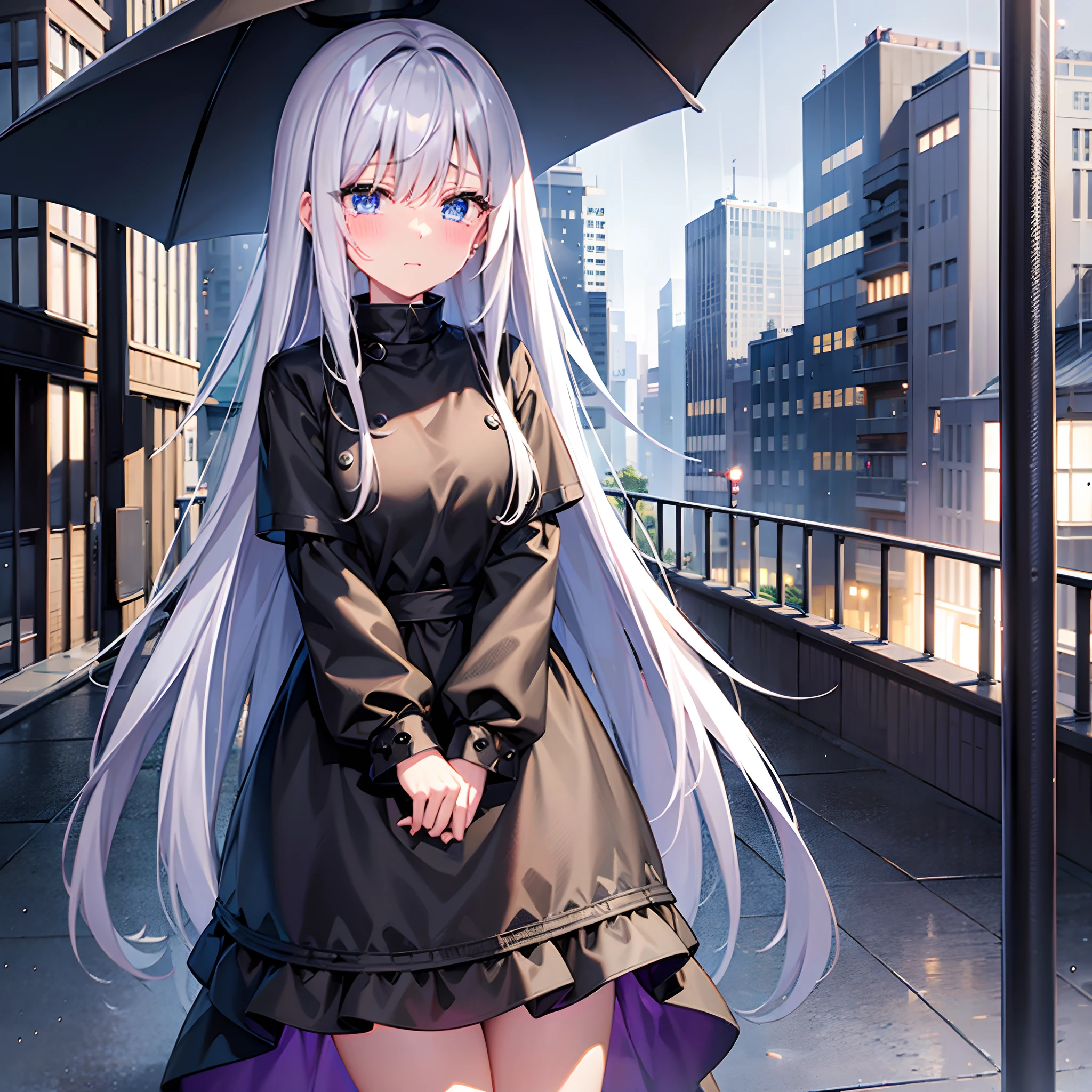 Rainy nights、An urban area lined with buildings、Standing Girl、Black coat、white t-shirts、a black skirt、White long bob hair with blue-violet mesh、Crying while looking upwards、Big black witch hat with sapphire accessories