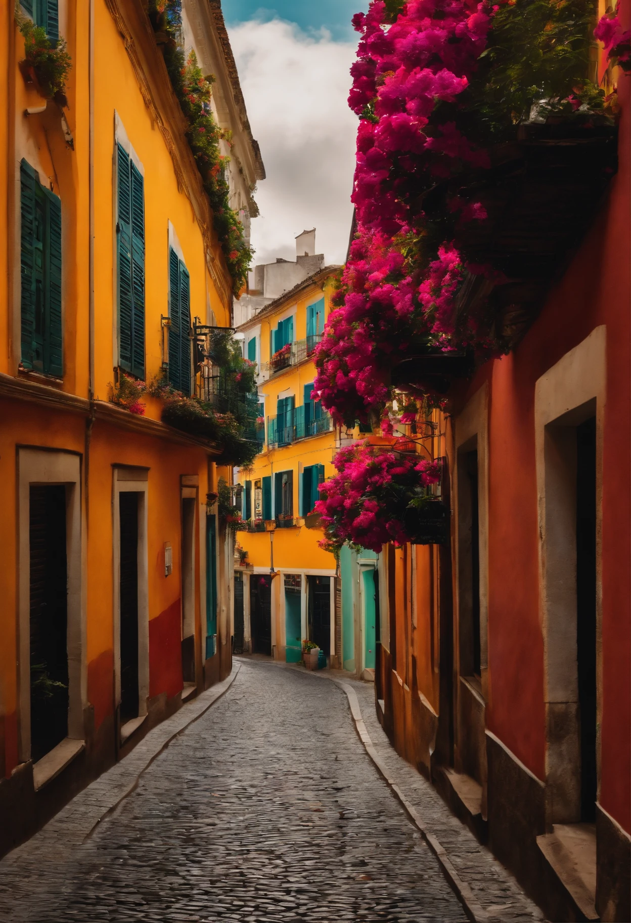 Rua da cidade com flores, A city street with buildings