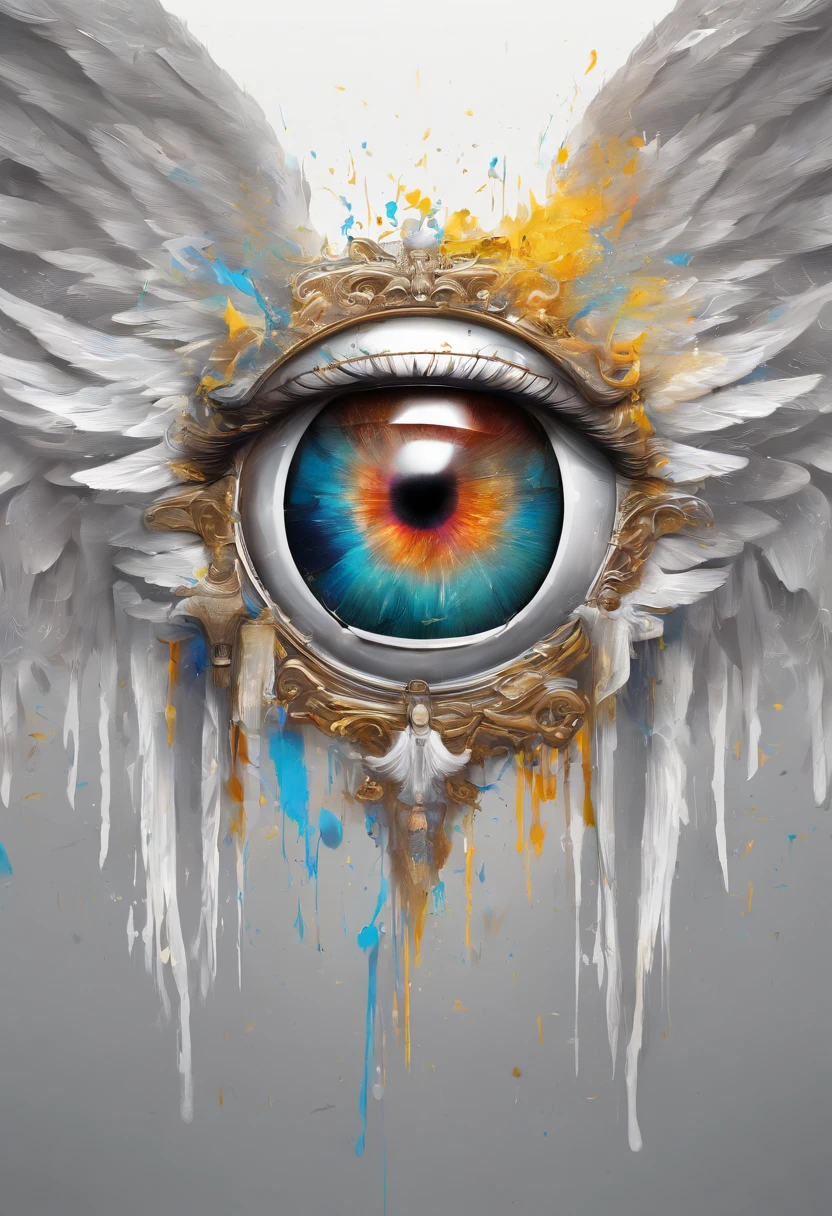 Splash art, ((a one singular human eyeball with angel wings attached to the back)), ((white background)), image, fits in frames, piercing eyes, epic Instagram, artstation, splash style of colorful paint, contour, hyperdetailed intricately detailed , unreal engine, fantastical, intricate detail, splash screen, complementary colors, fantasy concept art, 8k resolution, deviantart masterpiece, oil painting, heavy strokes, paint dripping, splash arts