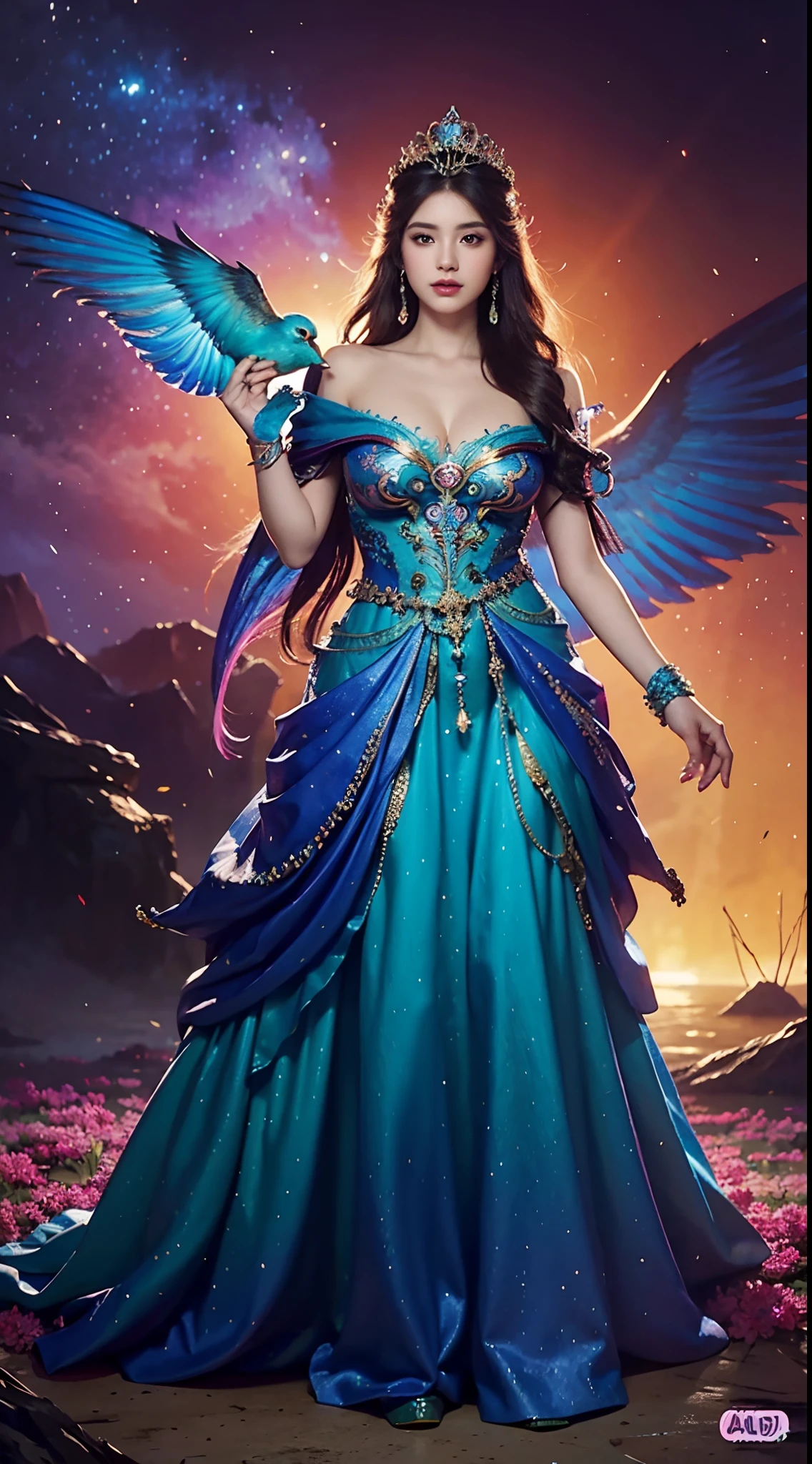 a woman in a colorful dress holding a large bird, 8k high quality detailed art, a beautiful fantasy empress, detailed digital, , 4k highly detailed digital art, detailed fantasy digital art, colorfull digital fantasy art, detailed painting 4 k, 2. 5 d  fantasy artwork, fantasy illustration, beautiful digital artwork,FULL HD,16K