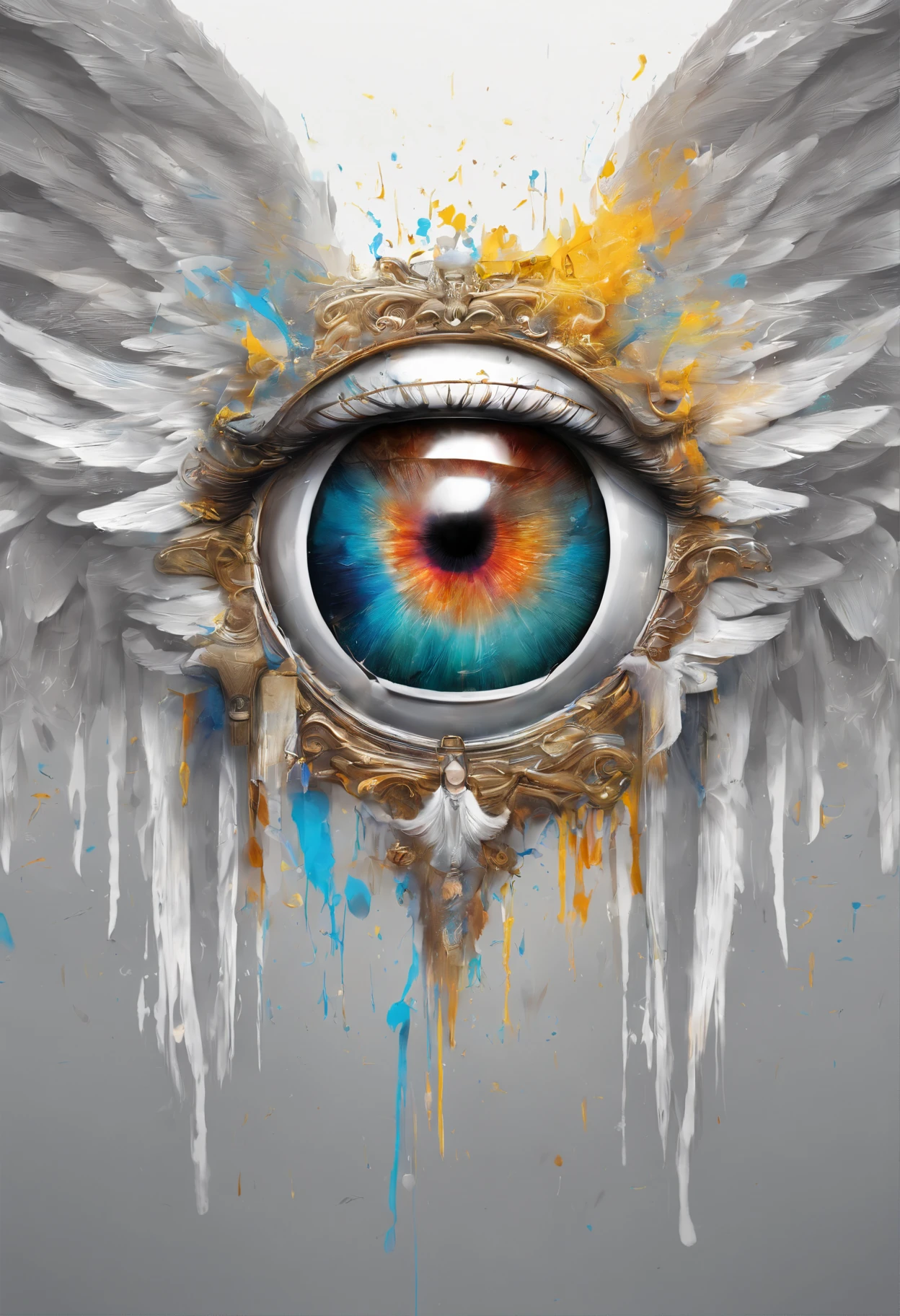 Splash art, ((a one singular human eyeball with angel wings attached to the back)), ((white background)), image, fits in frames, piercing eyes, epic Instagram, artstation, splash style of colorful paint, contour, hyperdetailed intricately detailed , unreal engine, fantastical, intricate detail, splash screen, complementary colors, fantasy concept art, 8k resolution, deviantart masterpiece, oil painting, heavy strokes, paint dripping, splash arts