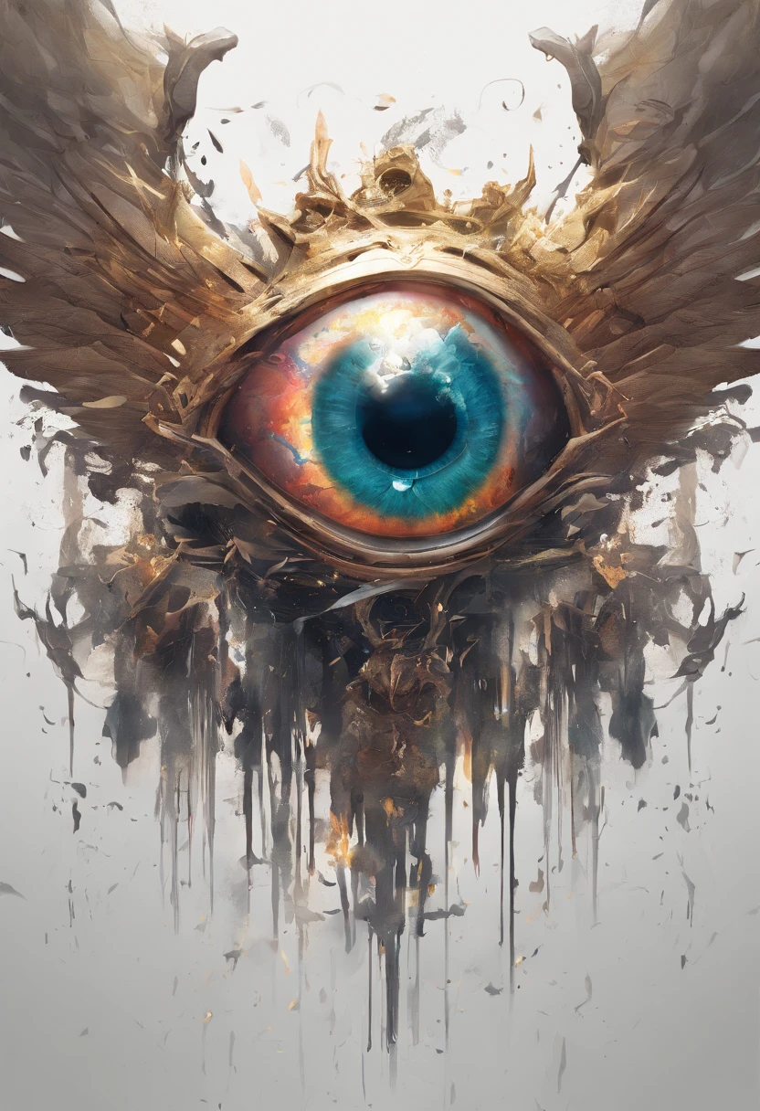 Splash art, ((a one singular human eyeball with angel wings attached to the back)), just the eyeball itself, floating ((white background)), image, fits in frames, piercing eyes, epic Instagram, artstation, splash style of colorful paint, contour, hyperdetailed intricately detailed , unreal engine, fantastical, intricate detail, splash screen, complementary colors, fantasy concept art, 8k resolution, deviantart masterpiece, oil painting, heavy strokes, paint dripping, splash arts
