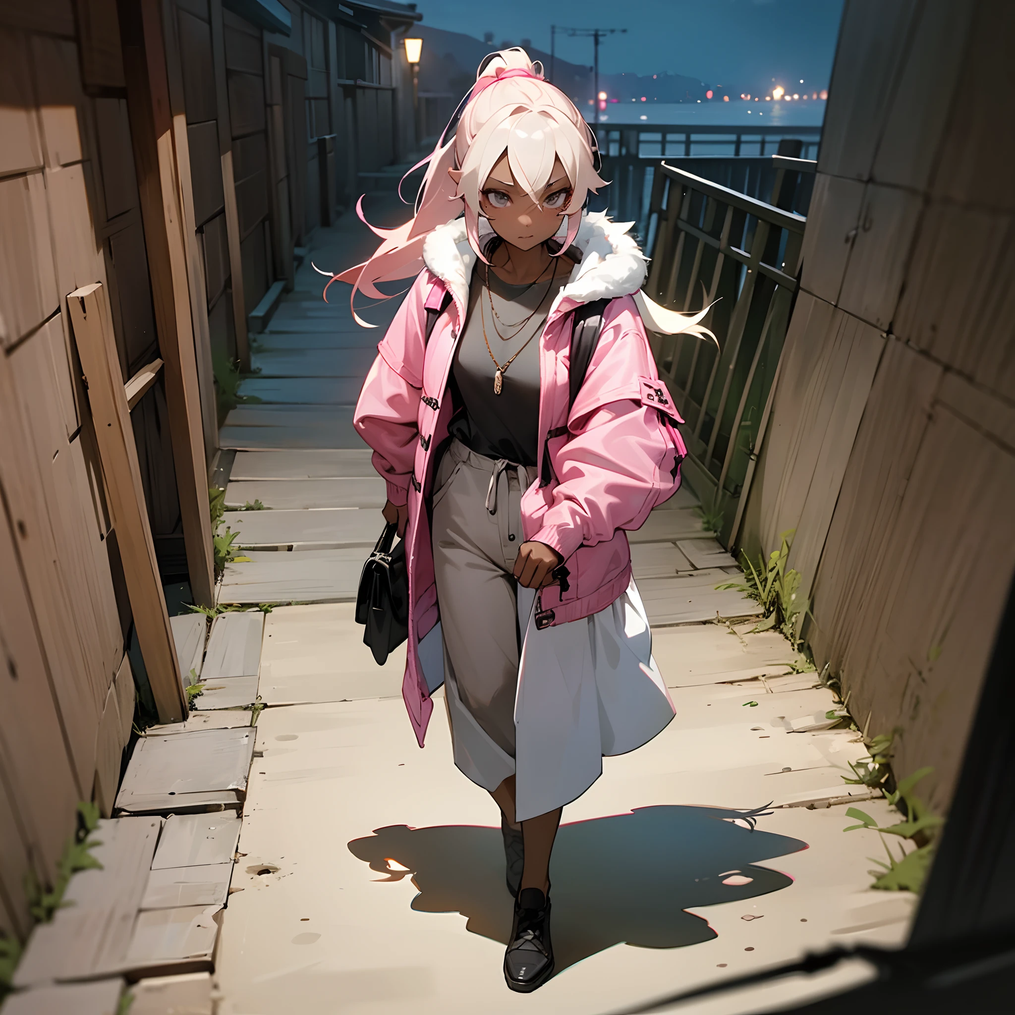 1female, , dark skin, pale blonde low ponytail with pink highlights, finely detailed grey eyes, loose casual clothes, jacket with oversized fur hood, necklace, best lighting and shadows, night time fishing village, walking down a path,