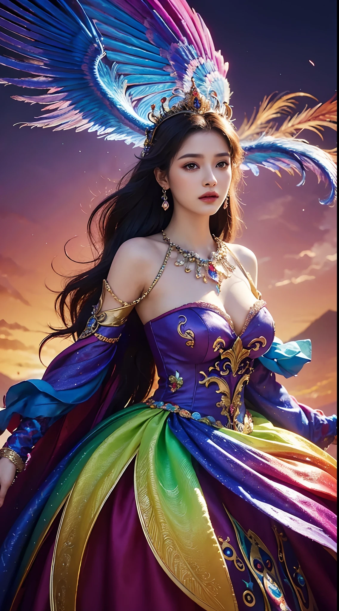 a woman in a colorful dress holding a large bird, 8k high quality detailed art, a beautiful fantasy empress, detailed digital, , 4k highly detailed digital art, detailed fantasy digital art, colorfull digital fantasy art, detailed painting 4 k, 2. 5 d fantasy artwork, fantasy illustration, beautiful digital artwork,FULL HD,16K