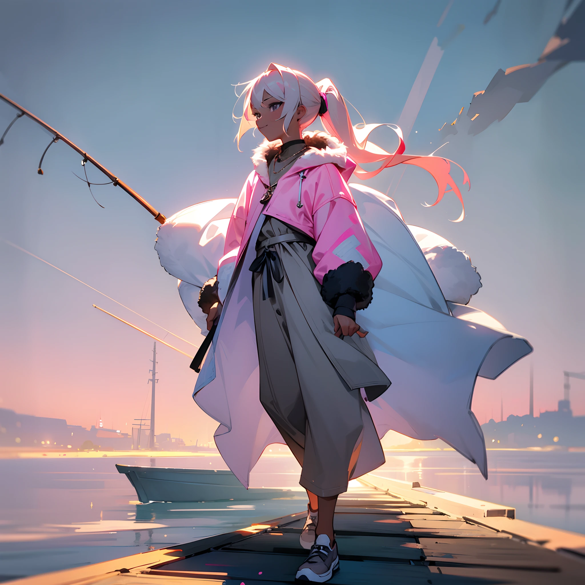 1female, teen, dark skin, pale blonde low ponytail with pink highlights, finely detailed grey eyes, loose casual clothes, jacket with oversized fur hood, necklace, best lighting and shadows, night time fishing village, walking down a path, light smile