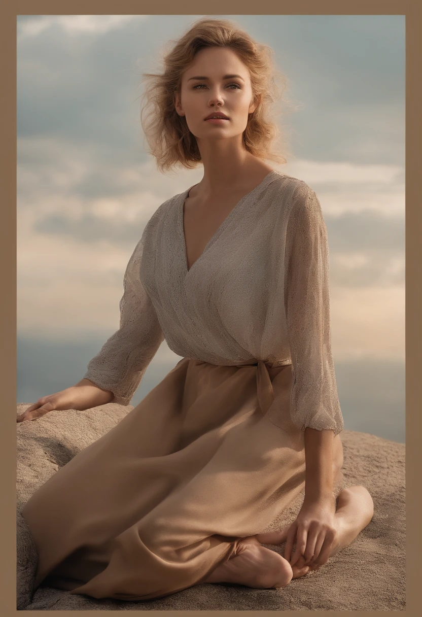 masterpiece, best quality, movie still, 1girl, cloud girl, floating in the sky, close-up, bright, happy, warm soft lighting, sunset, (sparks:0.7)