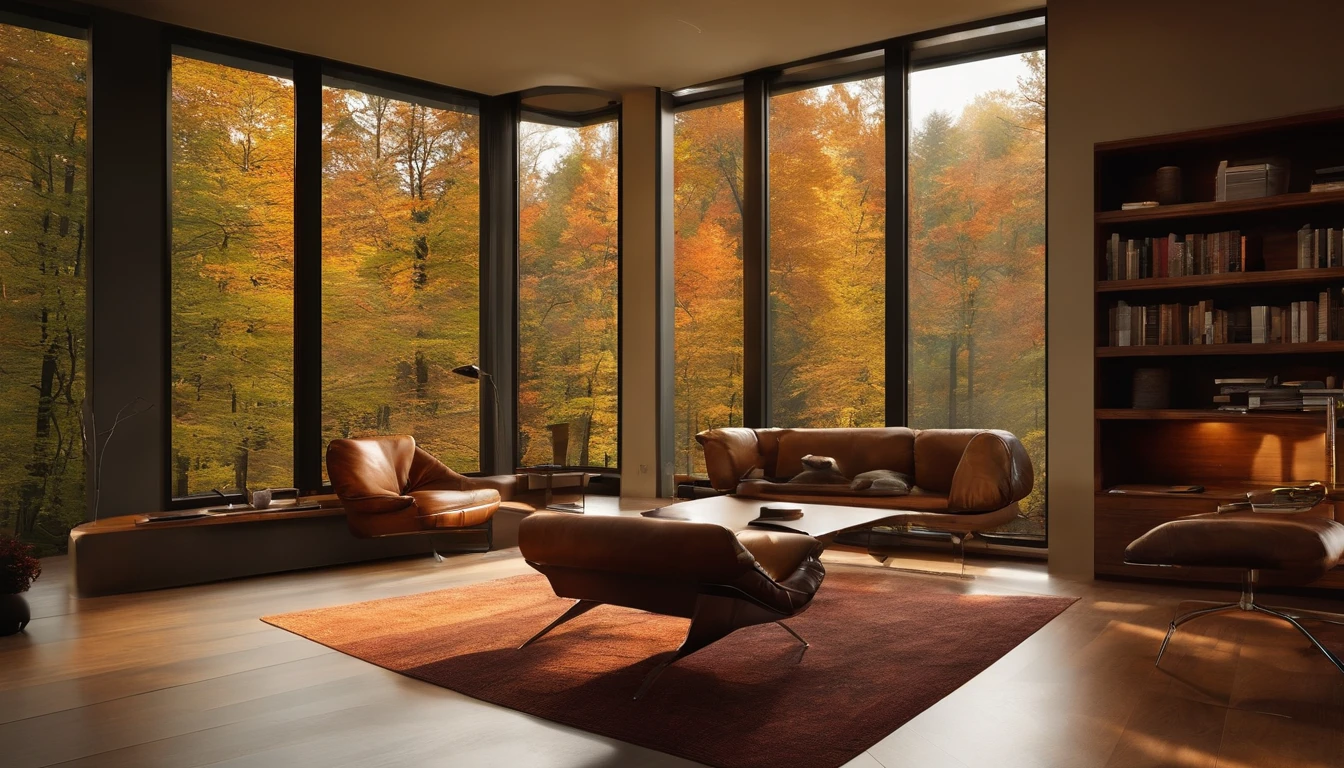 8k,32k,highest quality, Chair, sofa, plant, Autumn foliage scenery, , Disorganized, composition, cup, interior, Floor-to-ceiling windows, Wooden floor, living room, Dark brown