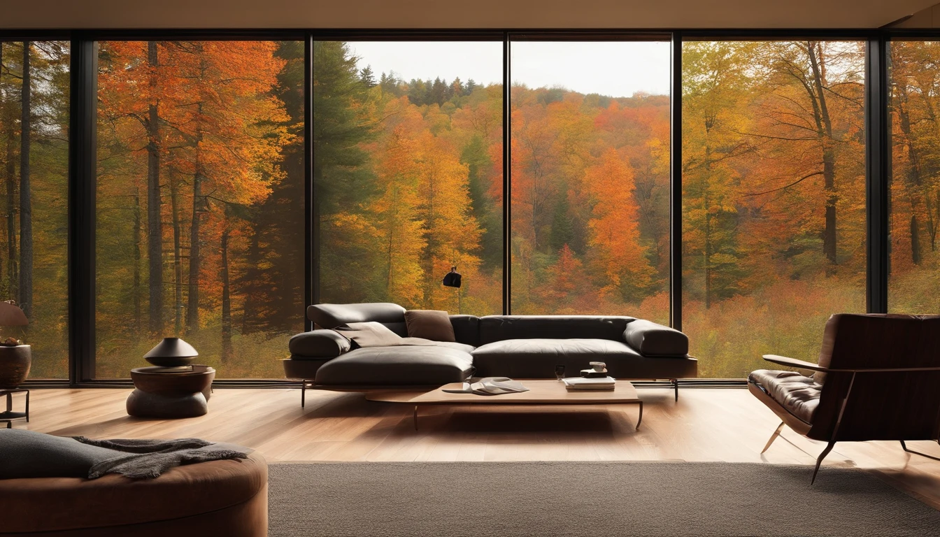 Photography capturing a sophisticated modern residence with a grand glass window that frames the beauty of an autumnal forest. The window's vast expanse brings the outside in, letting occupants enjoy the fall colors in all their glory. Inside, a relaxed setting is hinted at, with a lounge chair, a set of headphones, and soft lighting, evoking the mood of the 'HomeFocus: LoFi & White Noise for Study and Work' theme.