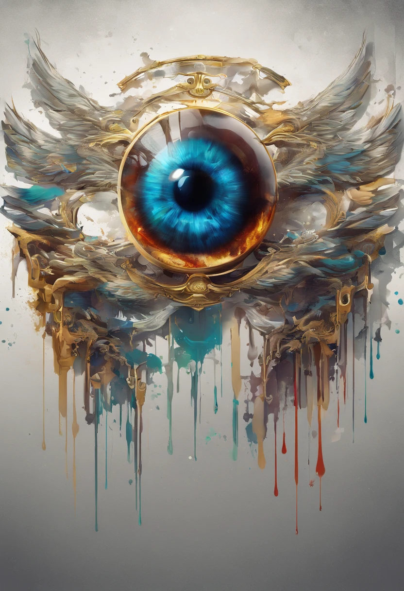 Splash art, ((a one singular human eyeball with angel wings attached to the back)), just the eyeball itself, floating ((white background)), image, fits in frames, piercing eyes, epic Instagram, artstation, splash style of colorful paint, contour, hyperdetailed intricately detailed , unreal engine, fantastical, intricate detail, splash screen, complementary colors, fantasy concept art, 8k resolution, deviantart masterpiece, oil painting, heavy strokes, paint dripping, splash arts