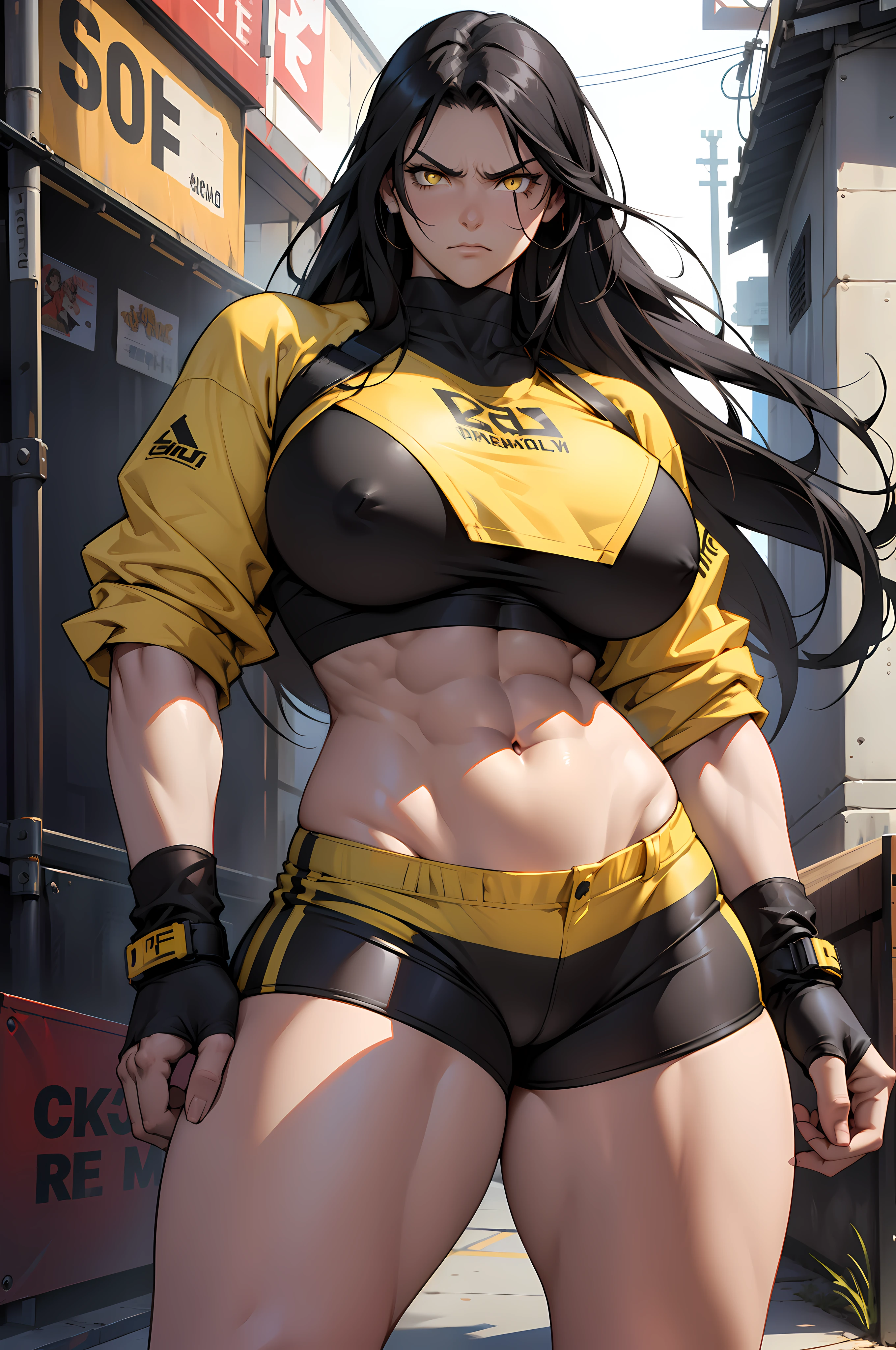 solo, (1 girl), very long hair, black hair, angry, yellow eyes, ((muscular)), ((huge tits)), ((thick thighs)), ((wide hips)), (cowboy shot), pale skin, crop top, bike shorts, standing, toned body