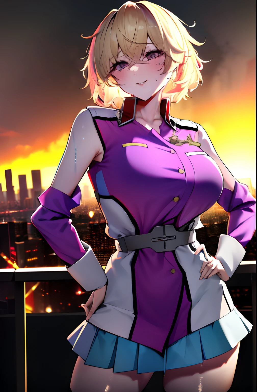 masterpiece, best quality, highres, 8k, detailed face, outfit1, sl1, 1girl, skirt, military uniform, short hair, blonde, big breasts, messy hair, thighhighs, hand on hips, sunset, seducing, sexy pose, seductive pose, sweating, seducing, skyscraper, cityscape, blush