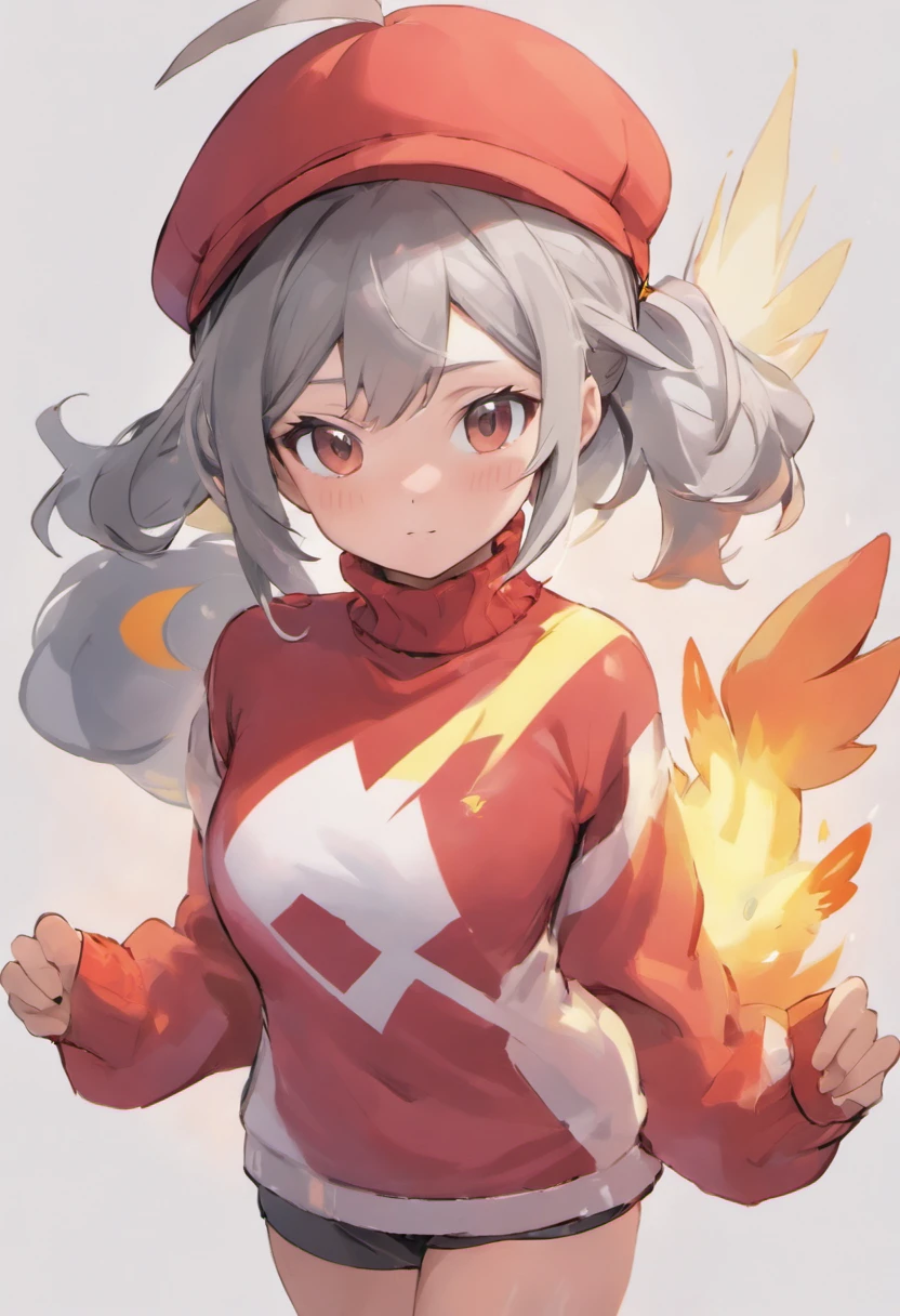 One girl、Bring your arms forward、Hand Par、Close-up of the subject's upper body、Composition of the subject seen from the front、Long Sleeve Red Turtleneck Knit、Phoenix in clothes、White shorts、Red cap、Gray ponytail、Pose with one arm thrust forward、(real life)