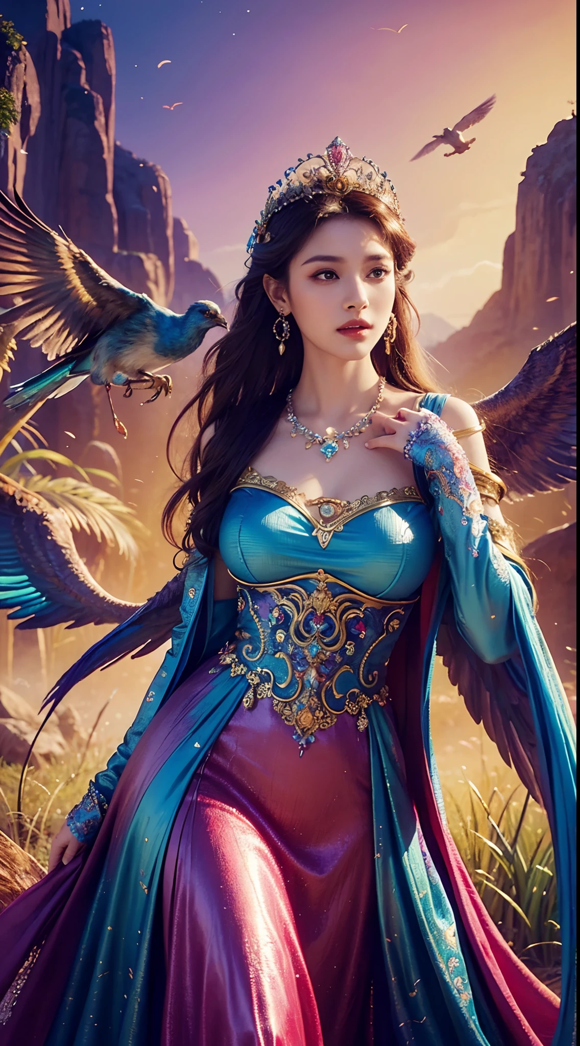 a woman in a colorful dress holding a large bird, 8k high quality detailed art, a beautiful fantasy empress, detailed digital, , 4k highly detailed digital art, detailed fantasy digital art, colorfull digital fantasy art, detailed painting 4 k, 2. 5 d fantasy artwork, fantasy illustration, beautiful digital artwork,FULL HD,16K