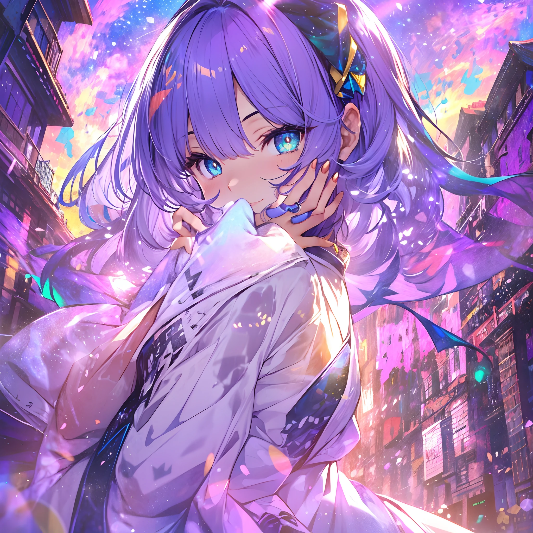(masutepiece:1.3), (Best Quality:1.3), de pele branca、High resolution, Couboy Shot, Superb view of the back、(One Cute Girl:1.3), Solo, huge smile、A ring of iridescent angels hovers above my head、Angel Ring、Superb view of the cityscape、Eight-headed body、Colorful starry sky,Long white T-shirt、Wrinkled white shirt、Sat down、Keep your hands on the ground、Pose like a dog、Cleavage Pose、Emphasizes cleavage、Purple hair, (bobhair:1.2), Mixed mesh and light green、Bun hair, (Blunt bangs:1.2), Beautiful hair, Eyes are purple, Miraculous Eye、Light from the eyes、One eye is closed(1:4)、Beautiful detailed eyes, ultradetailed eyes、Golden Eyes、Glitter eyes,from the rear、Colorful starry sky,Stars,Iridescent aura around the eyes、Lie down and stick your hips out、Iridescent eyes、Narrowed eyes sucked in,Wearing a rainbow-colored aura from the whole body、 Shadow lighting、5 fingers、perfect hand、5 fingers、Details around the hand、Detailed representation of the hand、a beauty girl、Home、Shy face、a short bob、Cute underwear、White bra、White panties、Panchira、bare-legged、Half off panties、Buttocks、M-shaped legs、yoga pose、perspiring、Love Juice、Juice、