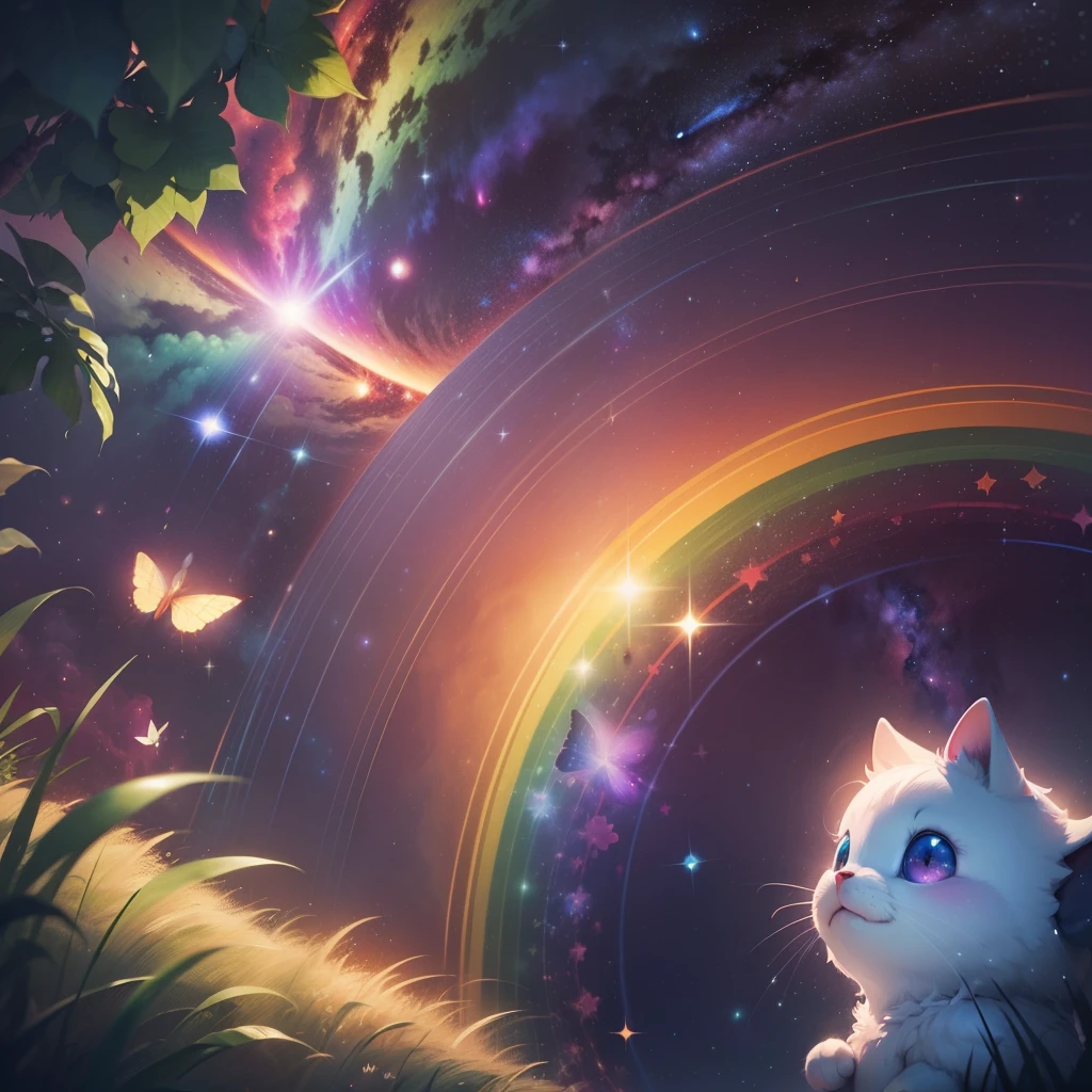 Drawing a cute rainbow-colored round monster in space, rainbow-colored grass and butterflies flying on the water, looking up at the starry sky. Surrounding her with colorful nebulas and colorful forests. --auto --s2