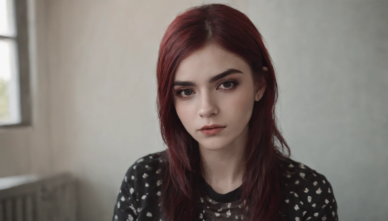 mulher arafed com pintura facial e uma camisa xadrez, uma menina emo, estudante de arte emo feminino, halfbody headshot, 18 anos, 1 7 - year - old goth girl, maquiagem emo, androgynous person, imagem de perfil, 1 6 anos, androgynous face, cara emo bonito, messy black / red hair