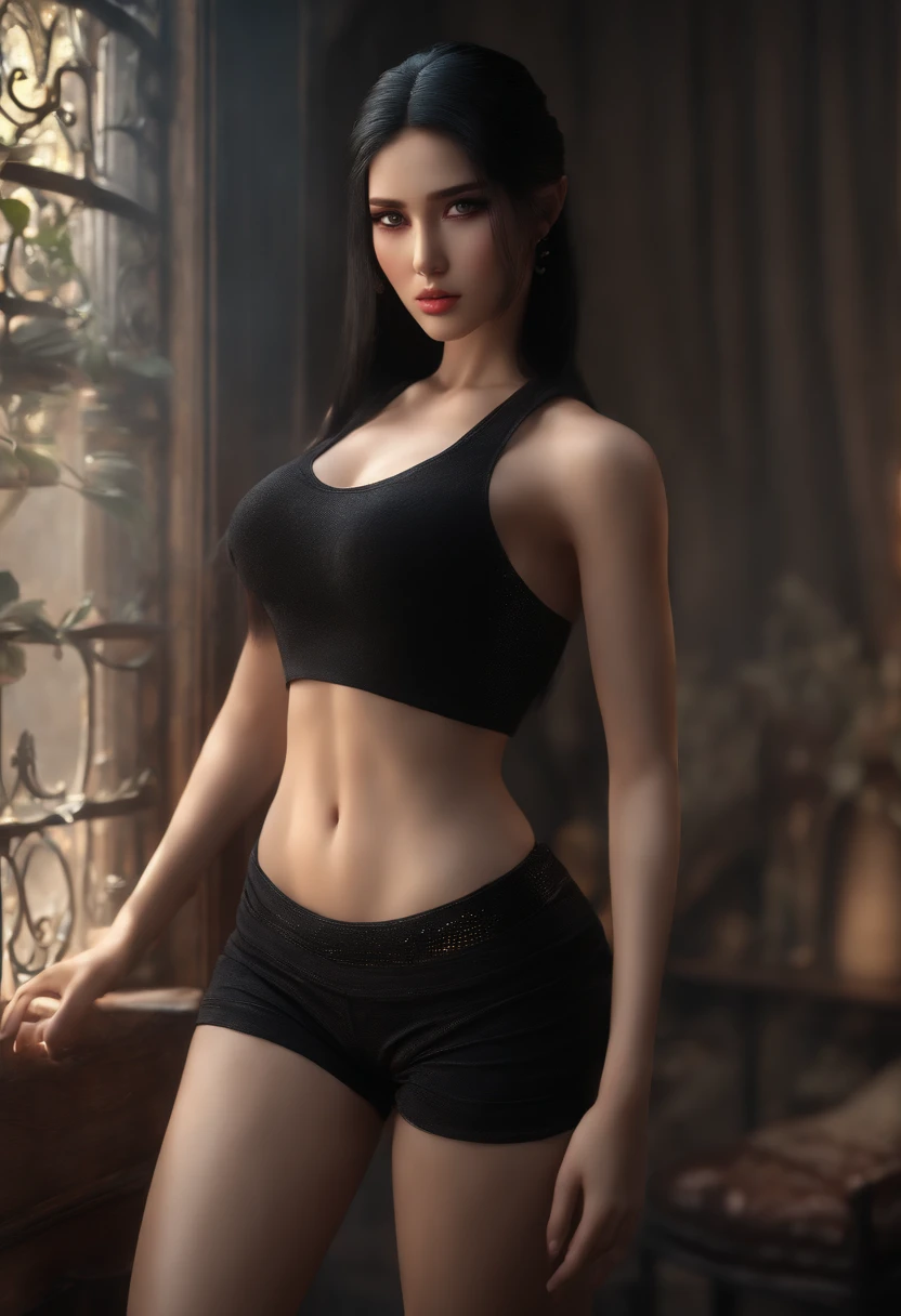 ((Best Quality, 8k, Masterpiece: 1.3)), Full Body, Focus Clear: 1.2, Outstanding Style: 1.4, Slender Abs: 1.2, ((Black Hair, Big: 1.2)), Black Tank Top, Highly Detailed Face and Skin Texture, Detailed Eyes, Double Eyelids
