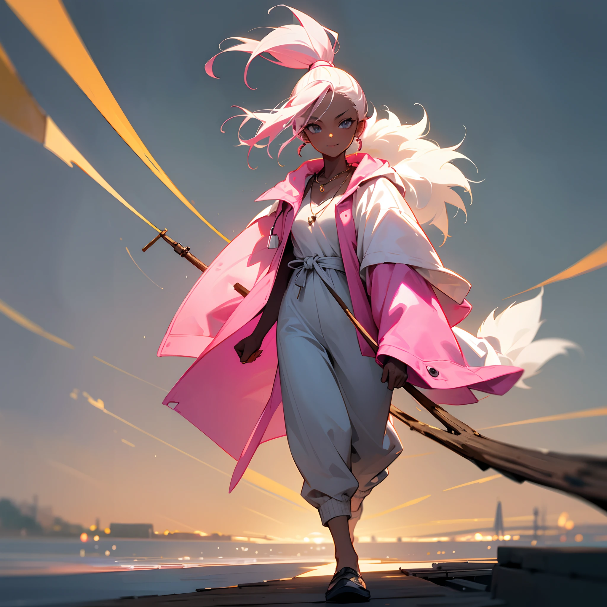 1female, teen, dark skin, pale blonde low ponytail with pink highlights, finely detailed grey eyes, loose casual clothes, jacket with oversized fur hood, necklace, best lighting and shadows, night time fishing village, walking down a path, light smile