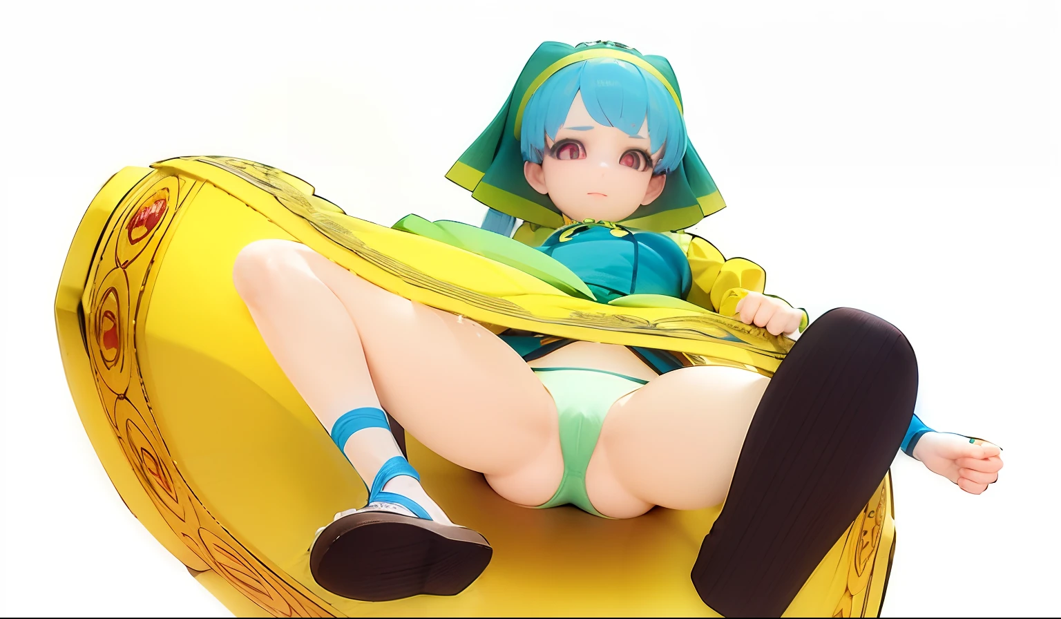 Girl in yellow long skirt and blue costume sitting on banana, Yellow-green underwear、Curvaceous Beautiful Girl,  squatting, render of a cute 3d anime girl