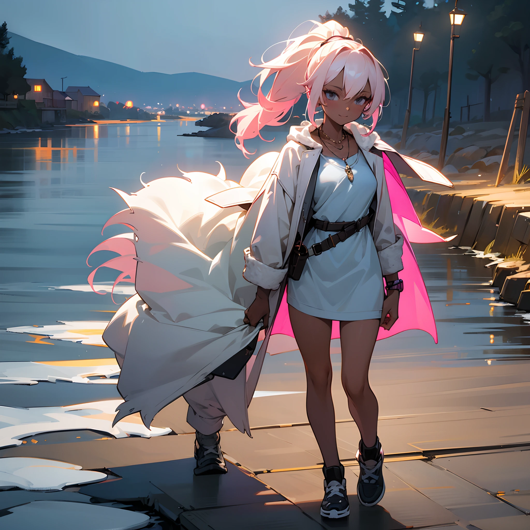 1female, , dark skin, pale blonde low ponytail with pink highlights, finely detailed grey eyes, loose casual clothes, jacket with oversized fur hood, necklace, best lighting and shadows, night time fishing village, walking down a path, light smile