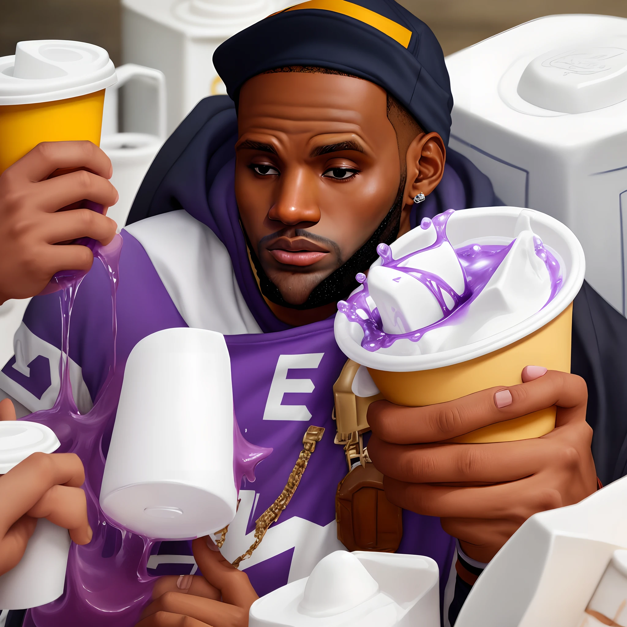 Lebron James  drinking a purple liquid out of a white styrofoam cup