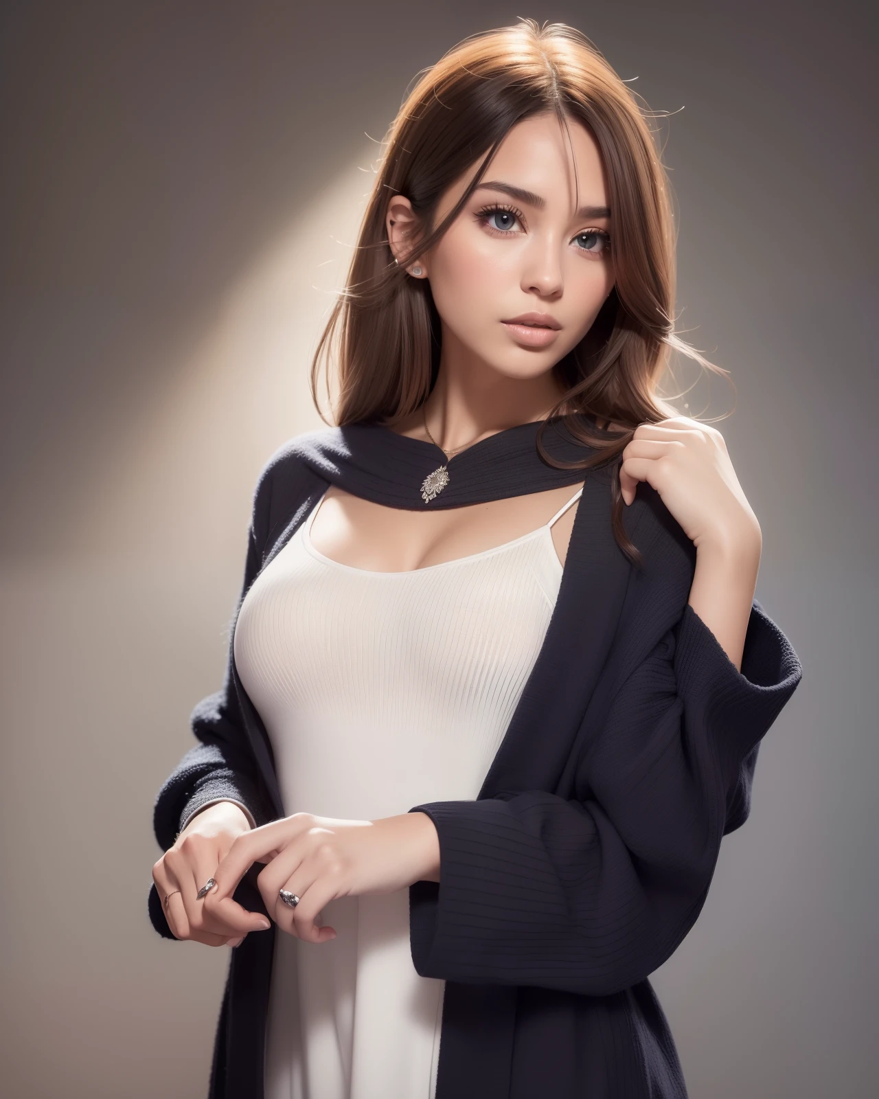 8k, Photo brute, photoreallistic: 1.25), (glose, cils, visage brillant, peau brillante, Best quality, ultra highres, profondeur de champ, aberration chromatique, Caustiques, Hydrated lips, Ultra-cut face, Radiant detailed eyes, cheveux noirs, Semi-long, fashionable, Robe moulante en tricot, pendant que