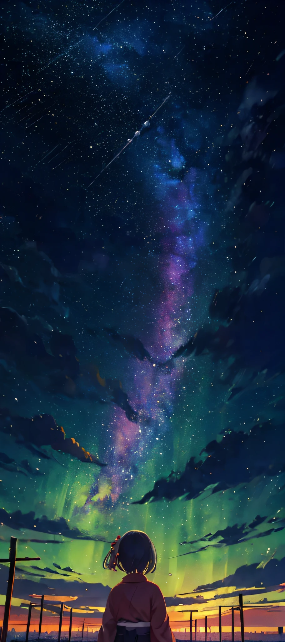 1girl, a distant girl in a kimono staring at the stars, (zoomed out: 1.1), (meteor shower: 1.2), (comet: 1.1), your name, low angle, from behind, northern lights, shooting stars, yukata, red kimono, cherry blossoms, Standing in the field, best quality, masterpiece, cloud, colorful, starry, stars,