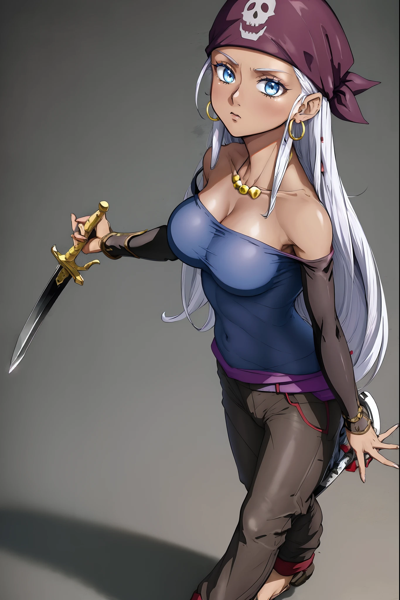 best quality, (masterpiece),(ultra-detailed), (high quality), (high resolution), 1girl, bandana, bandeau, blue eyes, cleavage, dark skin, dark-skinned female, earrings, eyelashes, hoop earrings, jewelry, long hair, medium breasts, pirate, solo, solo focus, white background, white hair, zola, full body standing, seriouse facial expresion, pants,holding sword,walking