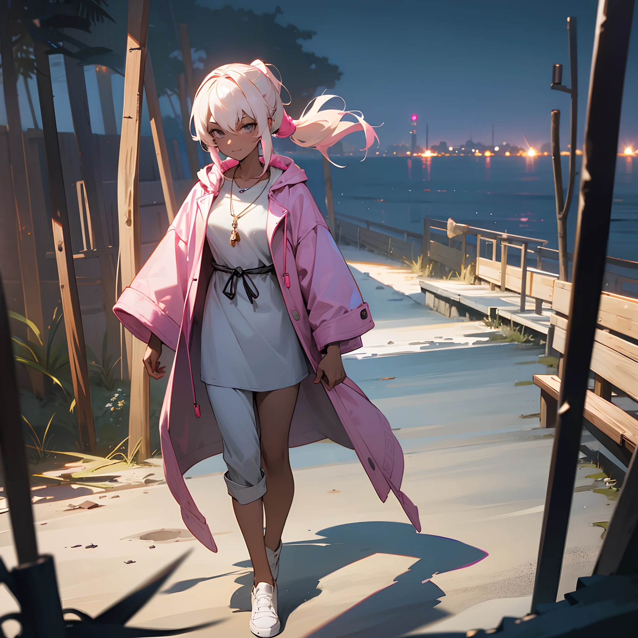 1female, , dark skin, pale blonde low ponytail with pink highlights, finely detailed grey eyes, loose casual clothes, jacket with oversized fur hood, necklace, best lighting and shadows, night time fishing village, walking down a path, light smile