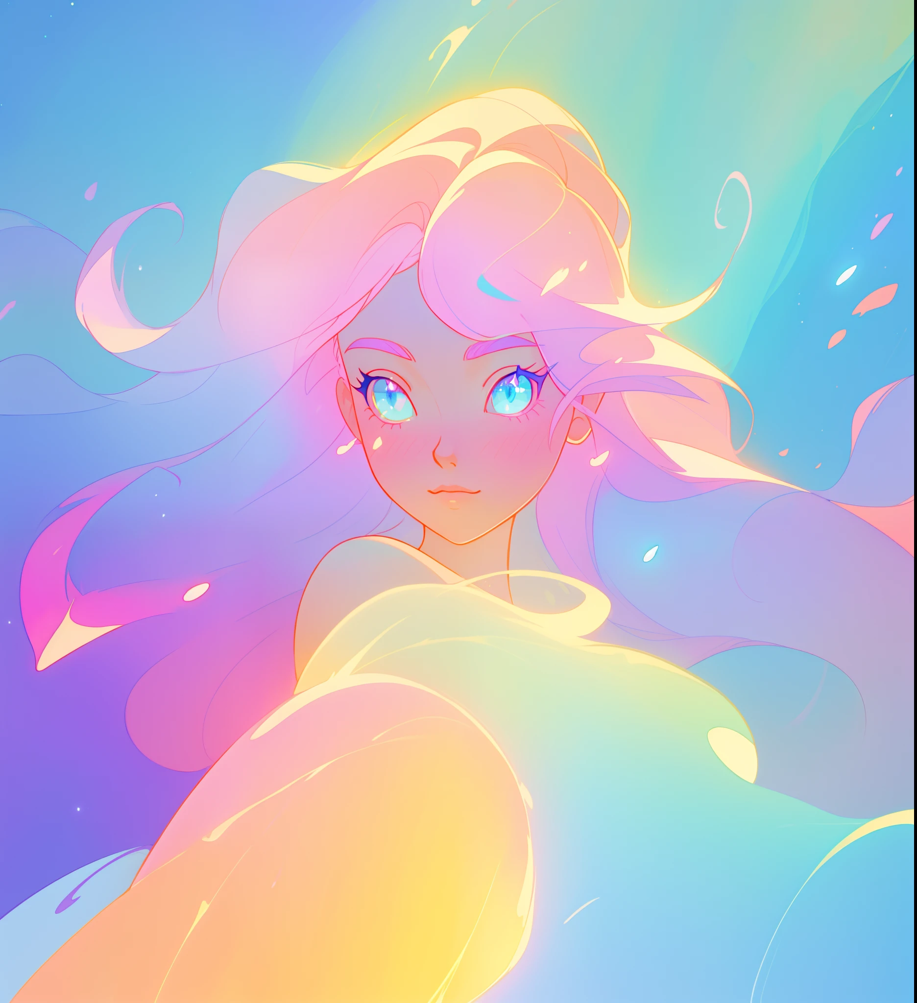 beautiful girl, flowing liquid colorful dress, vibrant pastel colors, (colorful), long flowing colorful hair, magical lights, sparkling magical liquid, inspired by Glen Keane, inspired by Lois van Baarle, disney art style, by Lois van Baarle, glowing aura around her, by Glen Keane, jen bartel, glowing lights! digital painting, flowing glowing hair, glowing flowing hair, beautiful digital illustration, fantasia background, whimsical, magical, fantasy, ((beautiful face)), ((masterpiece, best quality)), intricate details, highly detailed, sharp focus, 8k resolution, sparkling detailed eyes, liquid watercolor