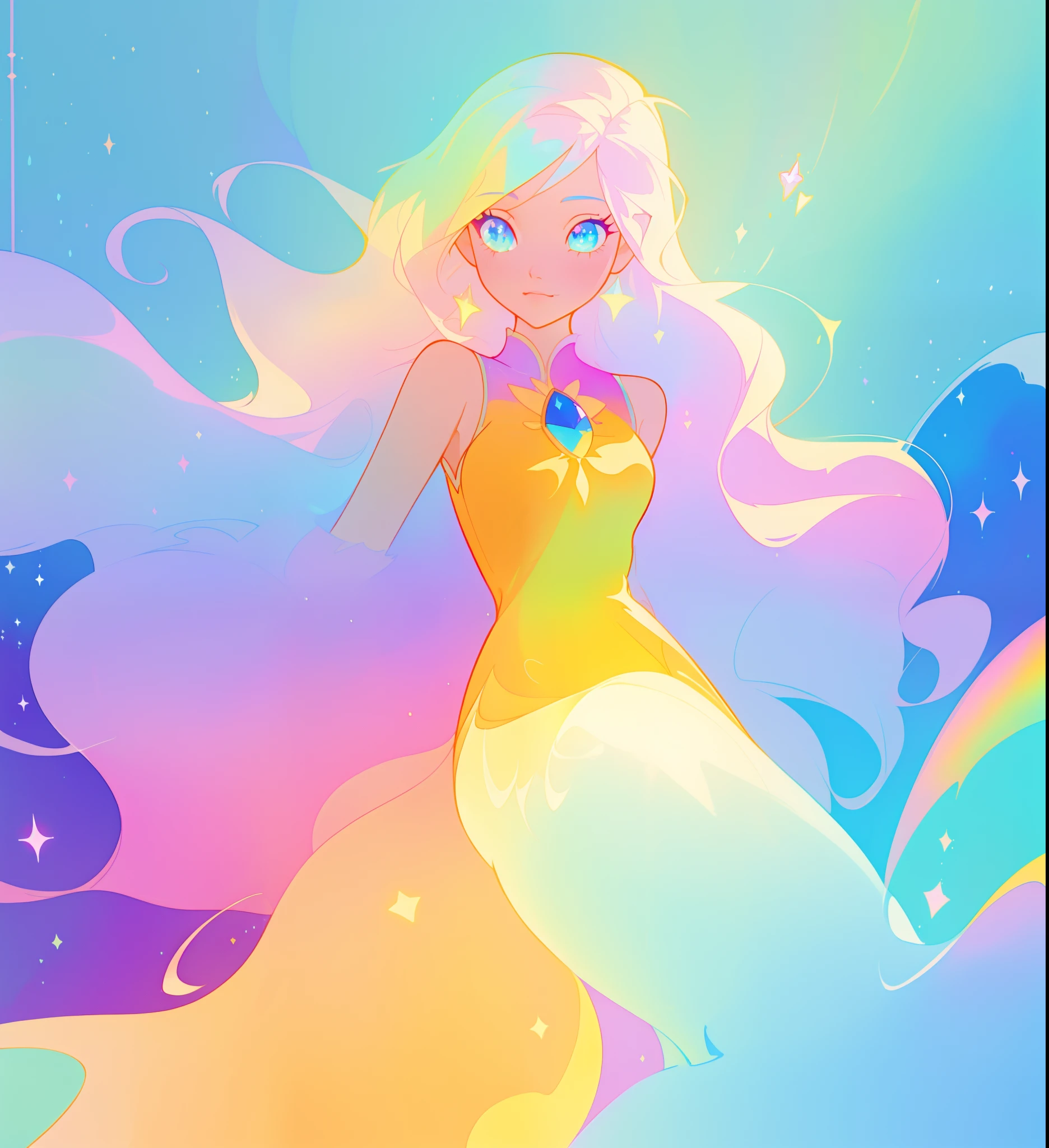 beautiful girl, flowing liquid colorful dress, vibrant pastel colors, (colorful), long flowing colorful hair, magical lights, sparkling magical liquid, inspired by Glen Keane, inspired by Lois van Baarle, disney art style, by Lois van Baarle, glowing aura around her, by Glen Keane, jen bartel, glowing lights! digital painting, flowing glowing hair, glowing flowing hair, beautiful digital illustration, fantasia background, whimsical, magical, fantasy, ((beautiful face)), ((masterpiece, best quality)), intricate details, highly detailed, sharp focus, 8k resolution, sparkling detailed eyes, liquid watercolor