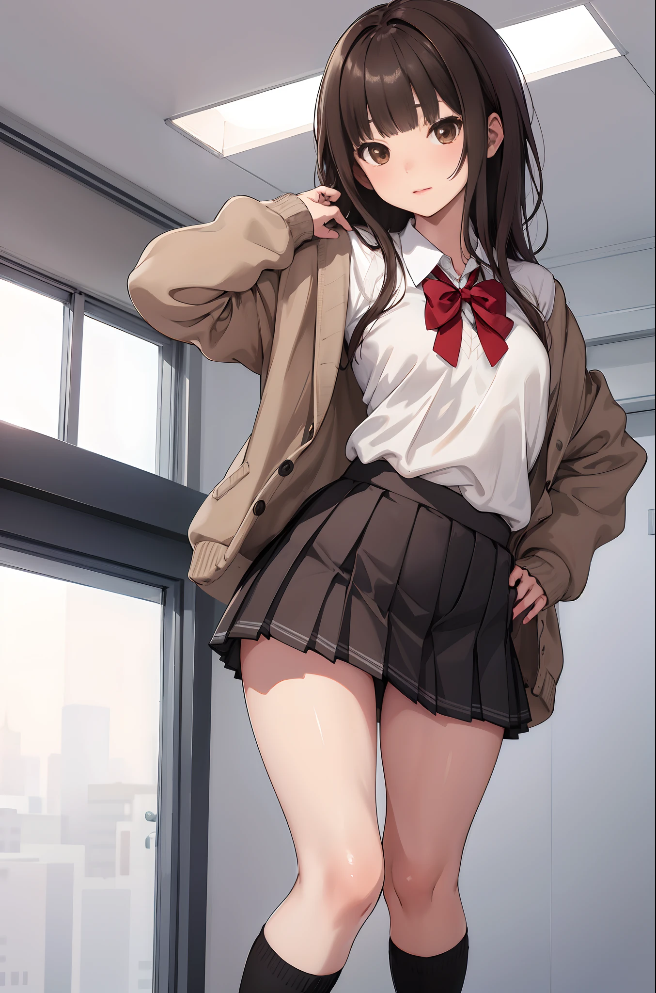 Sayuogi Wara, Sayu Ogiwara, Brown hair, (Brown eyes:1.5), Medium Hair,Take off your uniform, Bow, Red bow, Long sleeves, Shirt, Collared shirt, White shirt, Skirt, Pleated skirt, Black skirt, Naughty big、large full breasts、looking at the viewers, BREAK (masutepiece:1.2), Best Quality, High resolution, Unity 8k壁纸, (Illustration:0.8), (Beautiful detailed eyes:1.6), extra detailed face, Perfect Lighting, extremely details CG, (Perfect hands, Perfect Anatomy),Smile with open mouth、(Skirt lift:1.3), (black panties:1.3)、(Skirt that rolls up:1.3)、(Fully exposed panties:1.5)、outside of house、plein air、独奏