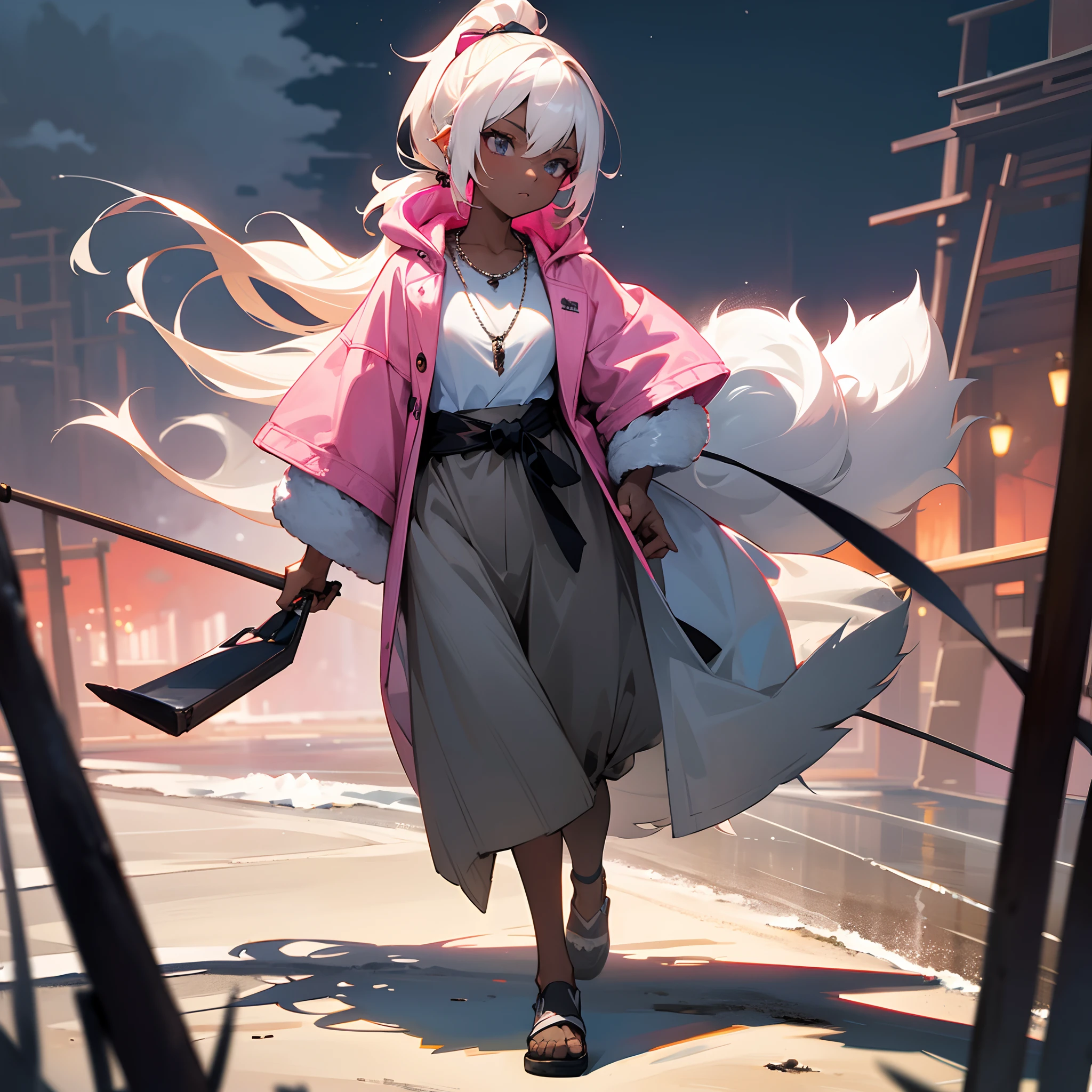 1female, teen, dark skin, pale blonde low ponytail with pink highlights, finely detailed grey eyes, loose casual clothes, jacket with oversized fur hood, necklace, best lighting and shadows, night time fishing village, walking down a path,