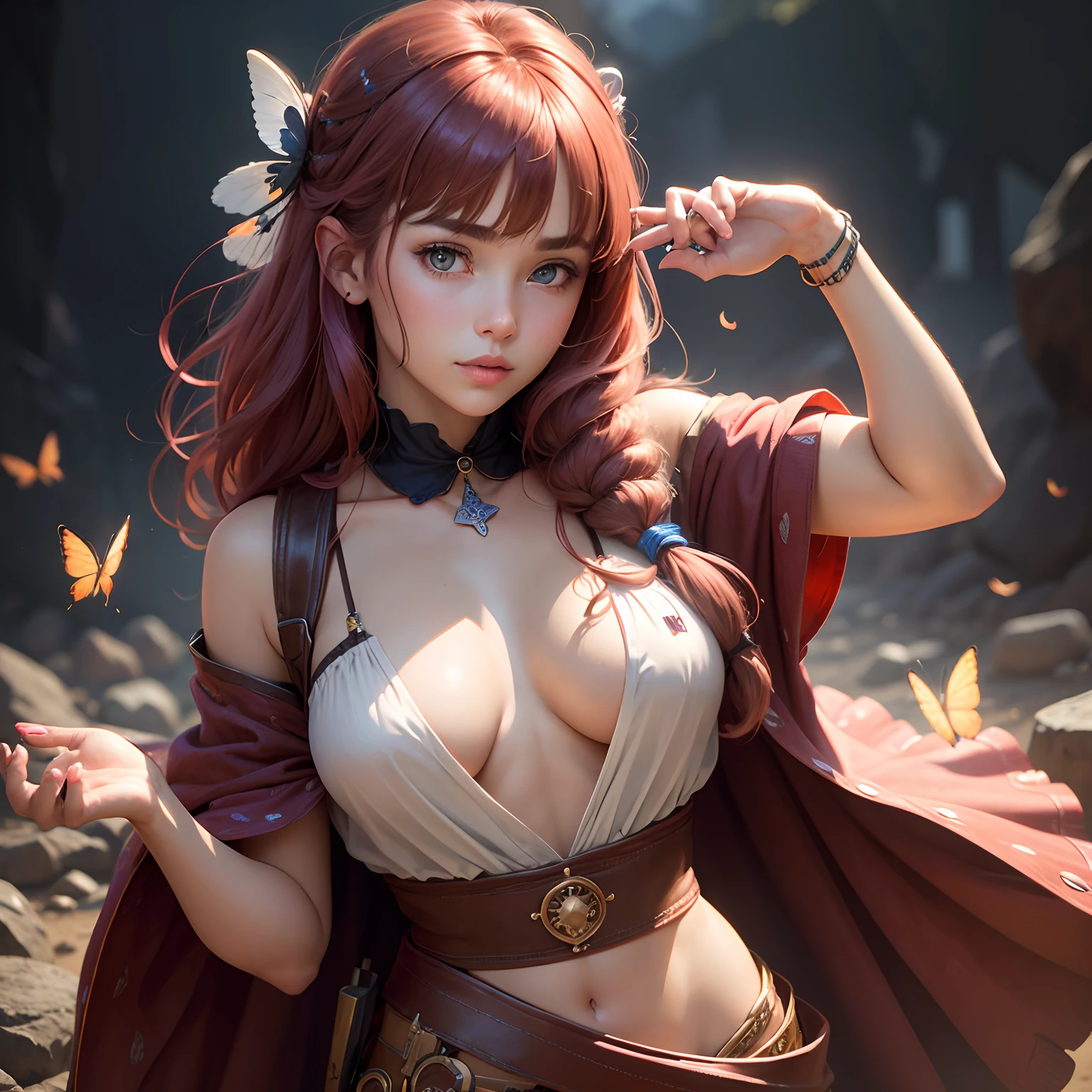 8k, masterpiece, best quality, realistic, higly detailed, cowboy shot, 1girl, solo, Nino, cute, cold-looking girl, waist-length straight hair, square bangs hanging over eyebrows, reddish-pink hair, twin butterfly-shaped ribbons on both sides of head, dark blue eyes, average height, well-endowed figure, large breasts, fashionable girl, various cute accessories, takes care of nails, Sorcerer