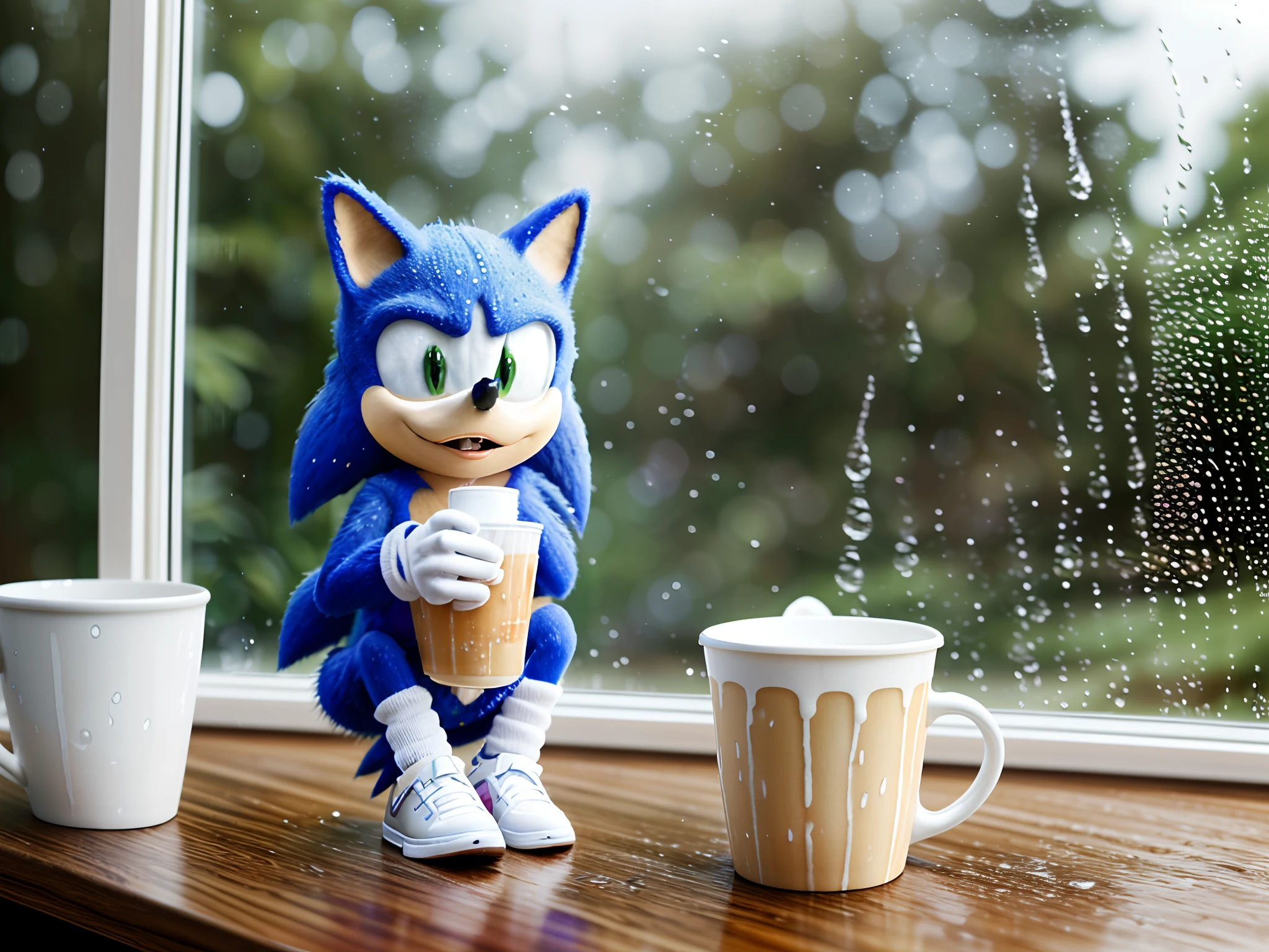 Hyper realistic sonic wearing a white jacket sitting in a roam with a glass window with rain on it drinking a white cup with another white cup stacked in it with a purple drink