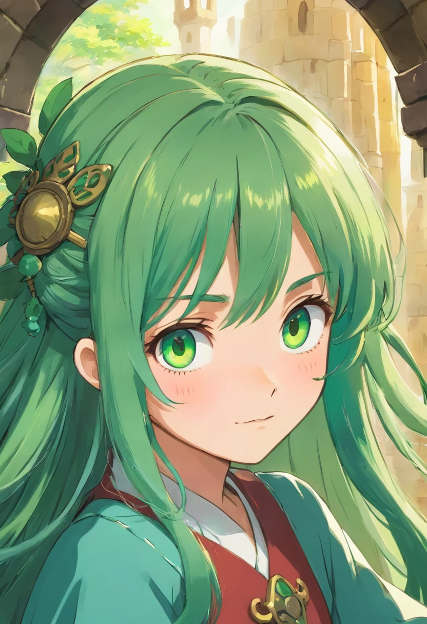 Pretty medieval girl pretty face green hair