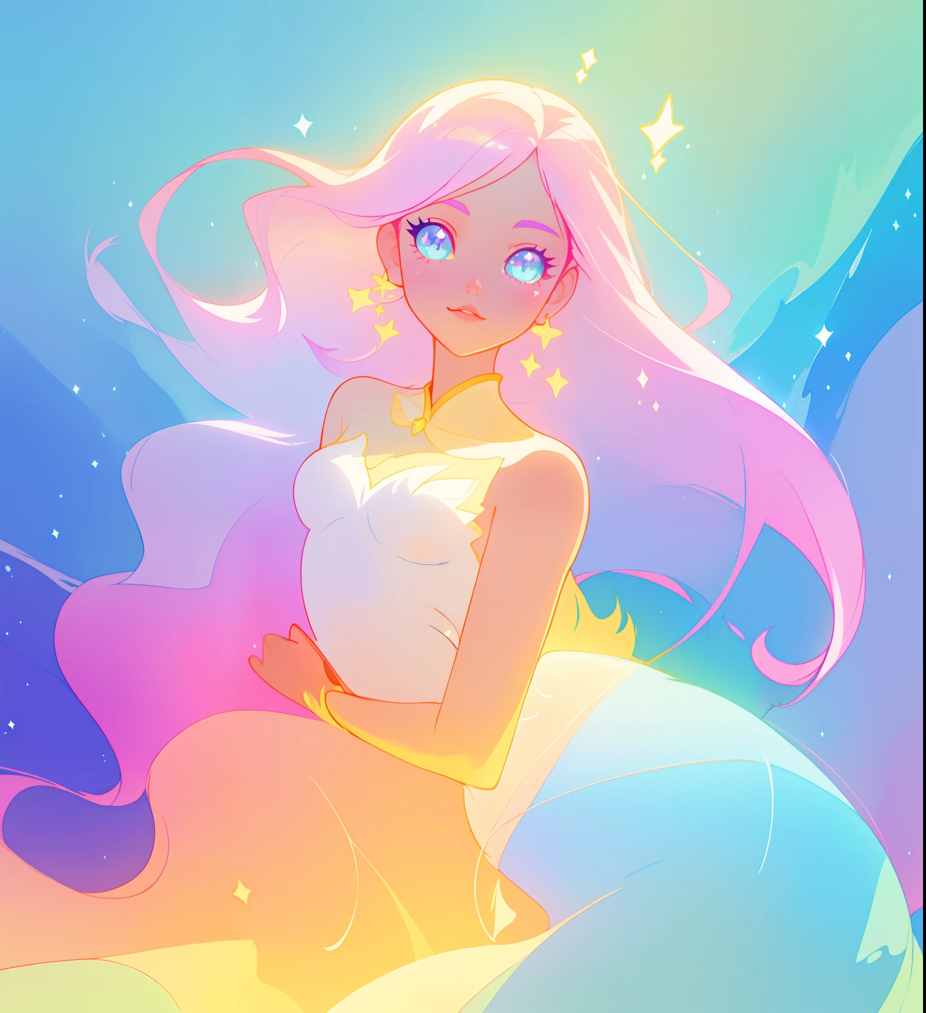 beautiful girl, flowing liquid colorful dress, vibrant pastel colors, (colorful), long flowing colorful hair, magical lights, sparkling magical liquid, inspired by Glen Keane, inspired by Lois van Baarle, disney art style, by Lois van Baarle, glowing aura around her, by Glen Keane, jen bartel, glowing lights! digital painting, flowing glowing hair, glowing flowing hair, beautiful digital illustration, fantasia background, whimsical, magical, fantasy, ((beautiful face)), ((masterpiece, best quality)), intricate details, highly detailed, sharp focus, 8k resolution, sparkling detailed eyes, liquid watercolor