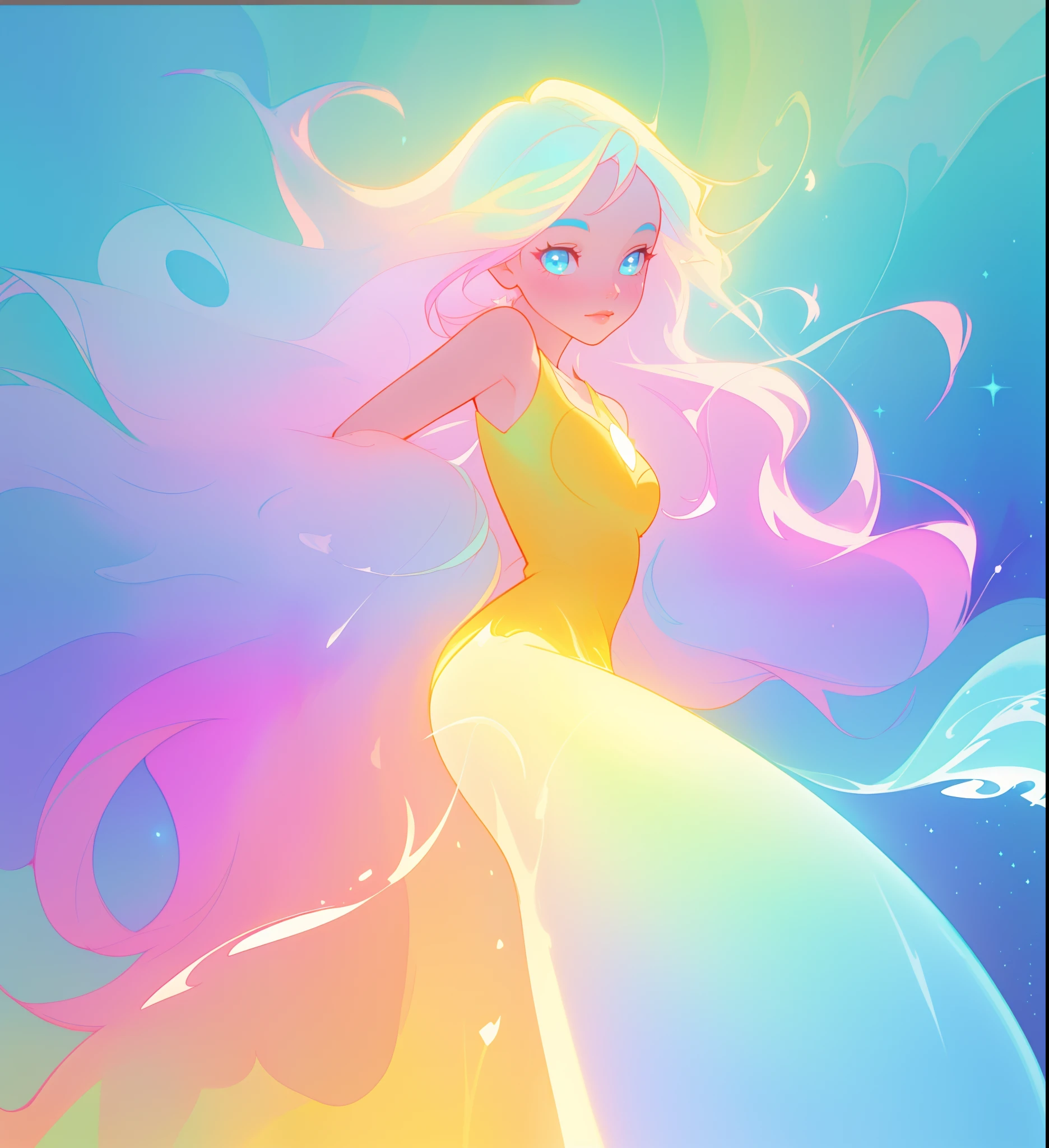 beautiful girl, flowing liquid colorful dress, vibrant pastel colors, (colorful), long flowing colorful hair, magical lights, sparkling magical liquid, inspired by Glen Keane, inspired by Lois van Baarle, disney art style, by Lois van Baarle, glowing aura around her, by Glen Keane, jen bartel, glowing lights! digital painting, flowing glowing hair, glowing flowing hair, beautiful digital illustration, fantasia background, whimsical, magical, fantasy, ((beautiful face)), ((masterpiece, best quality)), intricate details, highly detailed, sharp focus, 8k resolution, sparkling detailed eyes, liquid watercolor