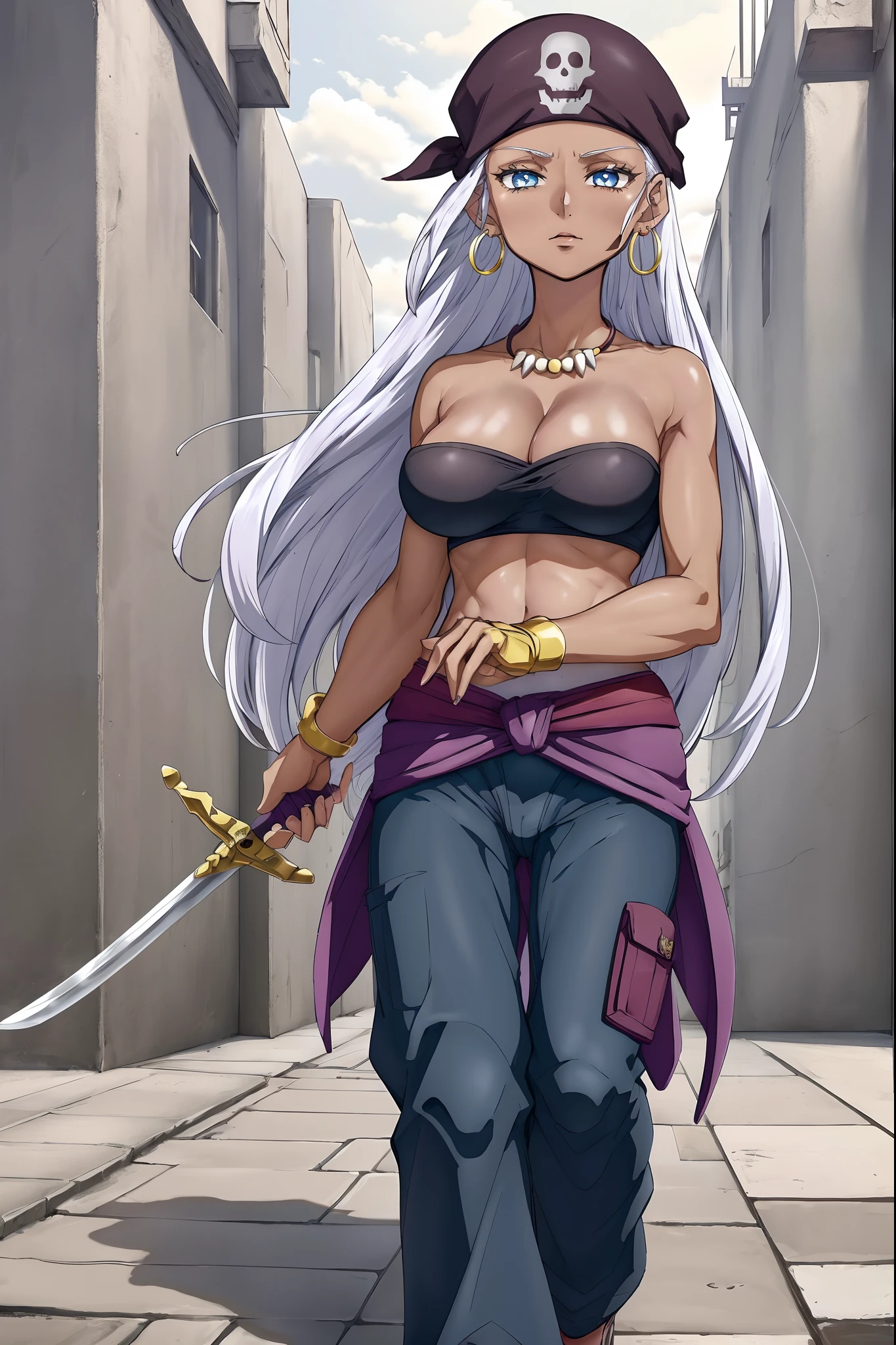 best quality, (masterpiece),(ultra-detailed), (high quality), (high resolution), 1girl, bandana, bandeau, blue eyes, cleavage, dark skin, dark-skinned female, earrings, eyelashes, hoop earrings, jewelry, long hair, medium breasts, pirate, solo, solo focus, white background, white hair, zola, full body standing, seriouse facial expresion, pants,holding sword,walking