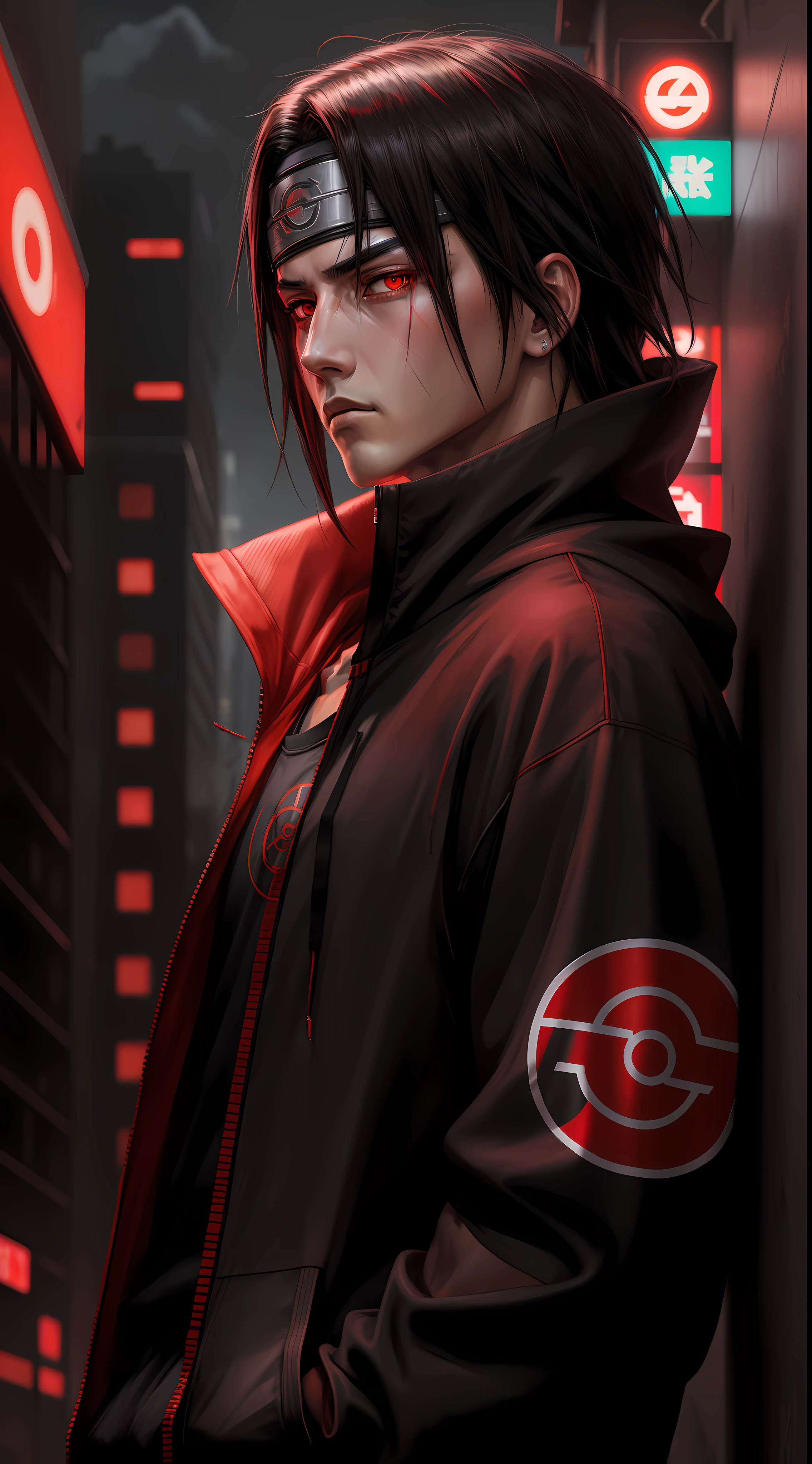 Masterpiece, Uchiha Itachi, cyberpunk style, 1boy, red eyes, male focus, solo, simple background, upper body, looking at viewer, Urban Streetwear Hoodie, cyberpunk Hoodie, high detailed, dinamic lighting