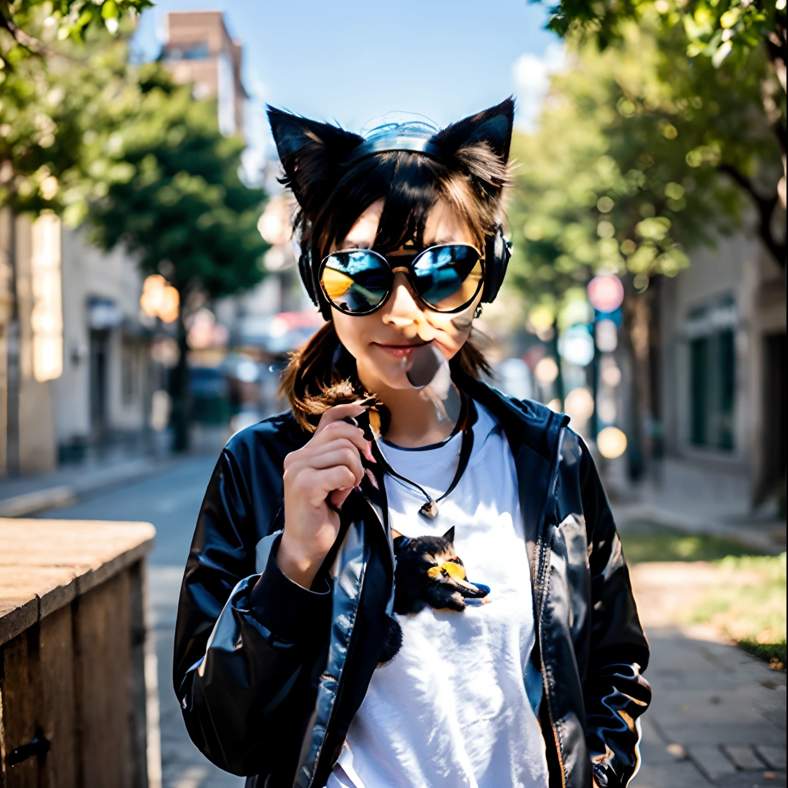 Perfect centering, Cute little cat, Wear a jacket, Wearing sunglasses, Wearing headphones, cheerfulness, Standing position, Abstract beauty, Centered, Looking at the camera, Facing the camera, Approaching perfection, Dynamic, Highly detailed, Smooth, Sharp Focus, 8K