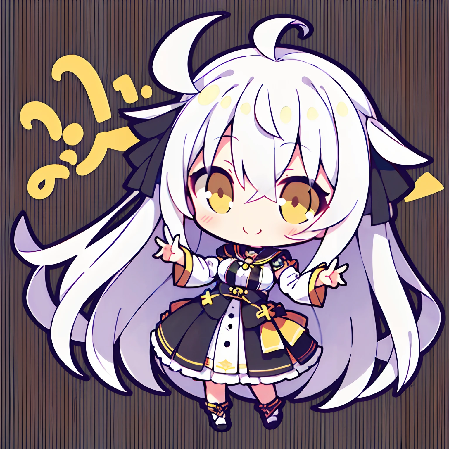 girl with、Chibi、((Best Quality, high_resolution, Distinct_image)),(white hair), (Ahoge), (absurdly long hair), (Wavy Hair), (yellow eyes),、a smile、Mouth closed。mideum breasts、piece sign