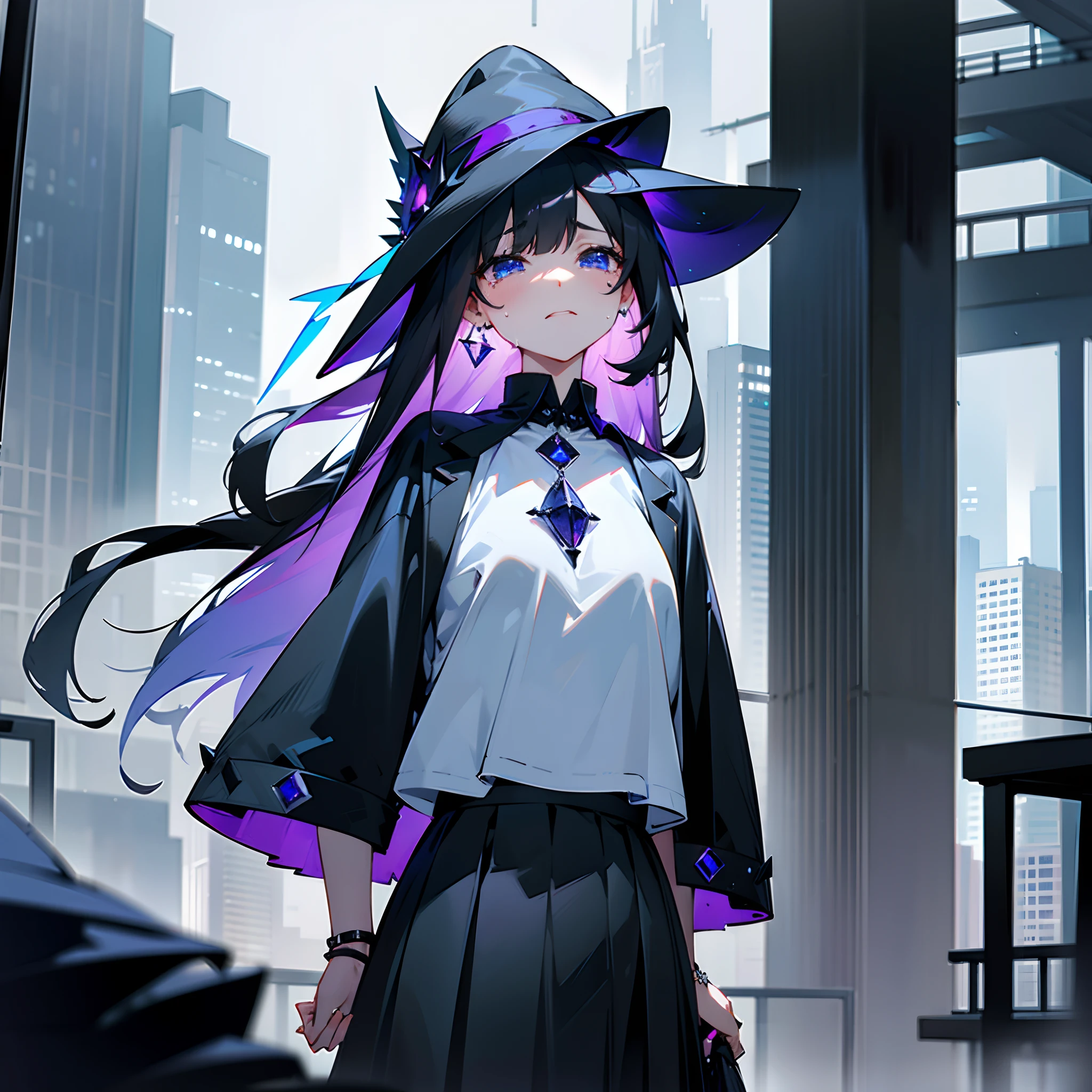 Rainy nights、An urban area lined with buildings、Standing Girl、Black coat、white t-shirts、a black skirt、White long bob hair with blue-violet mesh、Crying while looking upwards、Big black witch hat with sapphire accessories