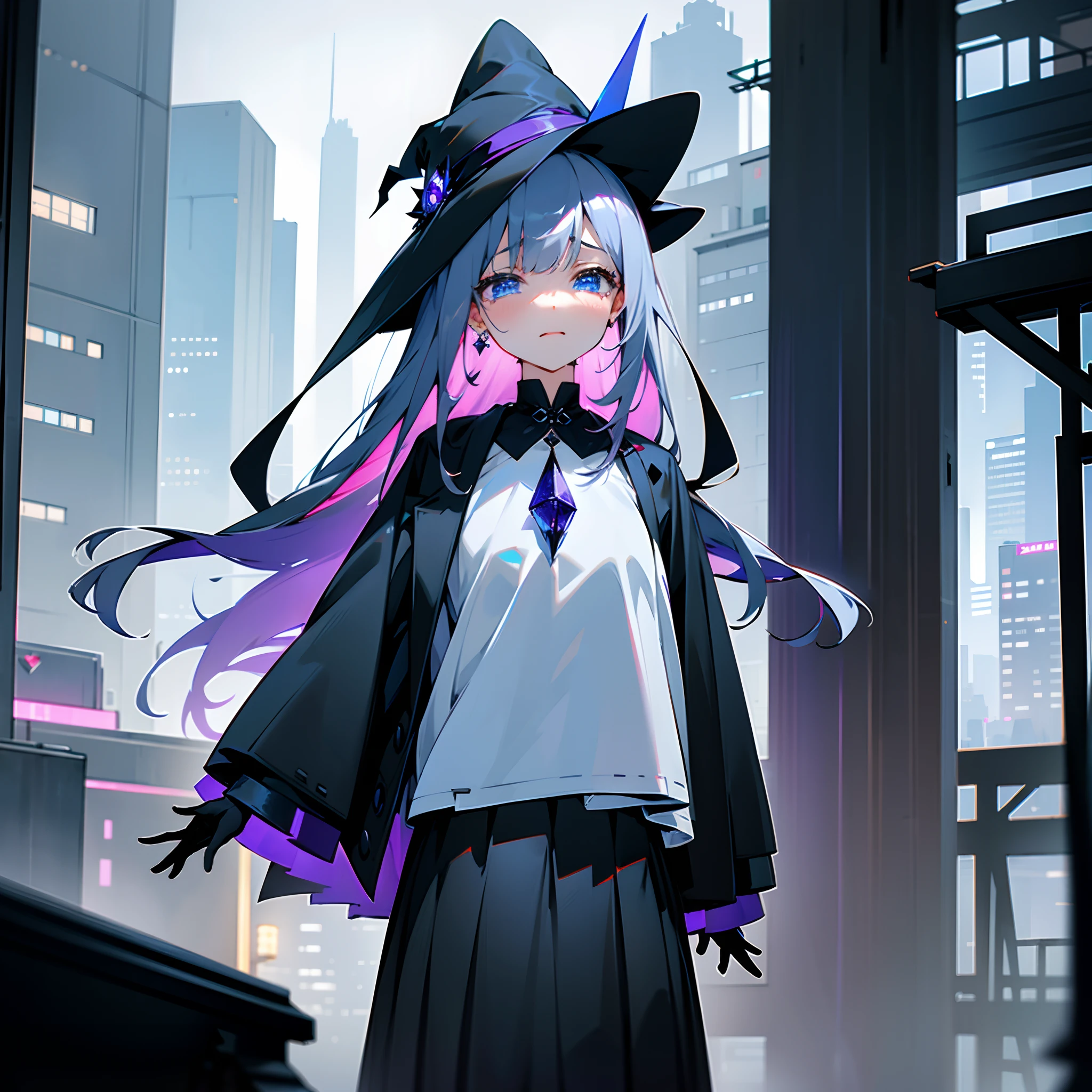 Rainy nights、An urban area lined with buildings、Standing Girl、Black coat、white t-shirts、a black skirt、White long bob hair with blue-violet mesh、Crying while looking upwards、Big black witch hat with sapphire accessories