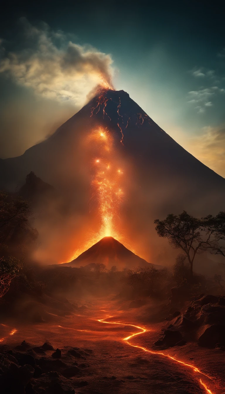 (Light field photography,Volcanoes photographed using supernatural light,chaos:1.25),(Fiber optic coating,Light painting:1.2),Volcanic eruption in postmodern art style，Magma quicksand，Soaring magma，Thick cloud of volcanic ash，The erupting volcano merges with the mushroom cloud，Japanese light novel cover illustration style，Retina-scale realistic rendering，Photorealistic rendering，Wear colorful oil nebula and shine big，Decomposition and refactoring，Quantum projection technology，(Volcano cyberpunk graffiti painting of mysterious symbols all over the body，Old totem with futuristic rock art，A projected virtual reality light and shadow city in front of the volcano:1.45)，Vector information magic array，Vector particles disperse at the edge of the volcano，