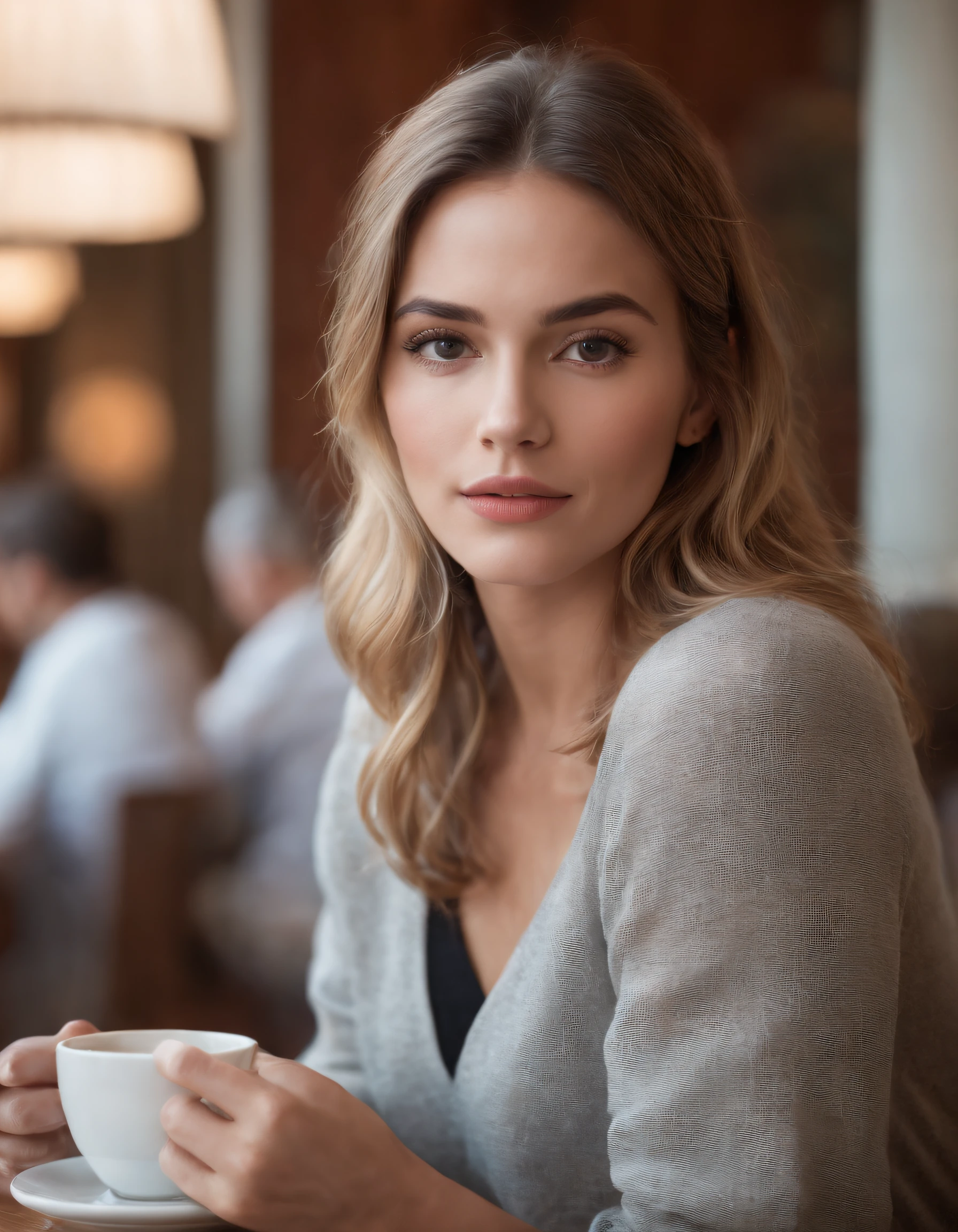 Fashion of the 2010s, Primer plano medio, Canon EF 85mm f/1.2L II USM, A woman is sitting with her coffee in a restaurant,(Pon tus manos debajo de la mesa), con una chaqueta negra y labios rojos, Emphasis on facial expression, Moda callejera