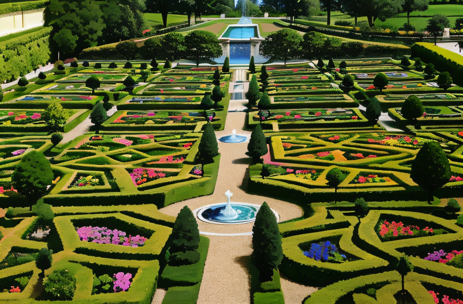 Vista ararada de um jardim formal com uma fonte e uma fonte, manicured garden of eden, jardins formais, French Garden, paisagem do jardim real, Beautiful English garden, belo jardim, jardim detalhado intrincado, labirinto de sebes, Parques e Jardins, Uma paisagem de labirinto de sebes, Os jardins turbulentos da imperatriz, beautiful eden garden, Revolving gardens, jardim muito surreal